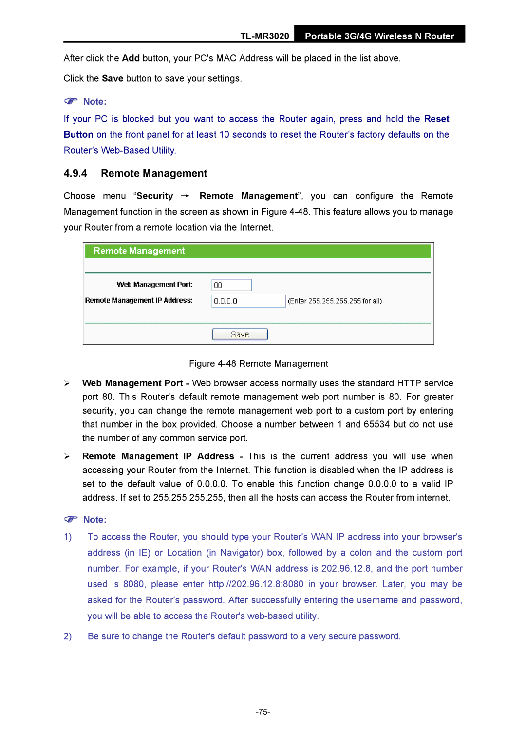 TP-Link TL-MR3020 manual Remote Management 