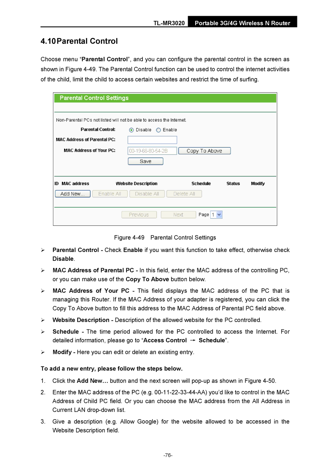 TP-Link TL-MR3020 manual 10Parental Control, To add a new entry, please follow the steps below 