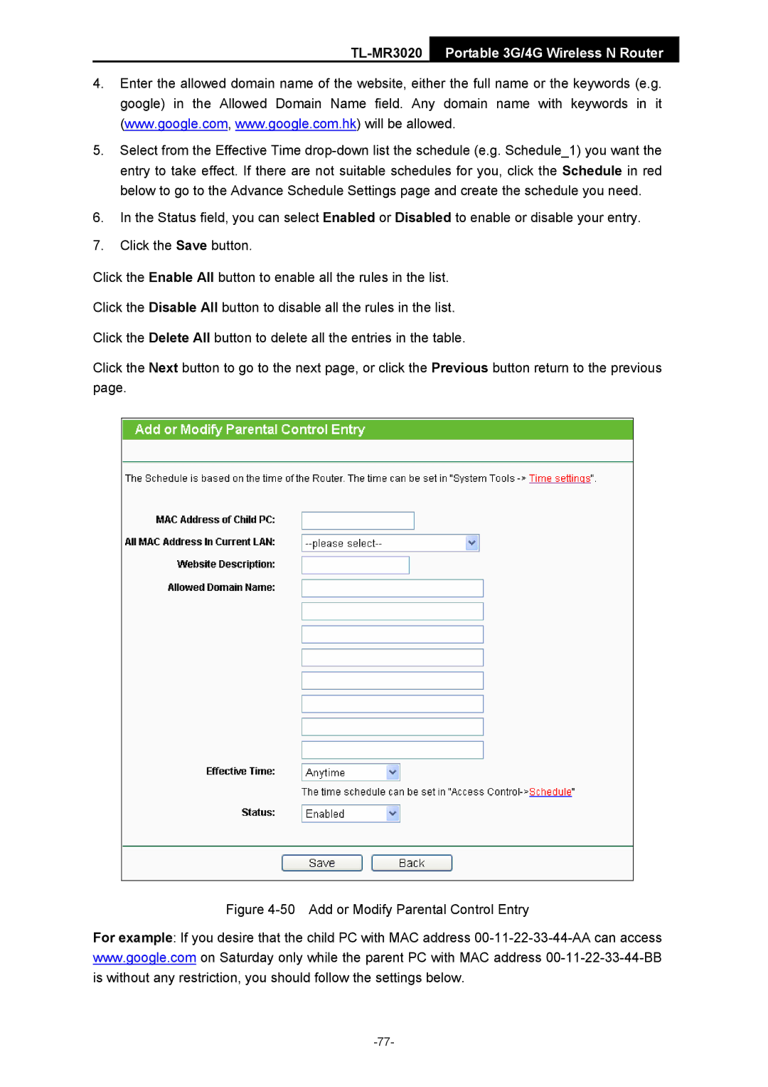 TP-Link TL-MR3020 manual Add or Modify Parental Control Entry 