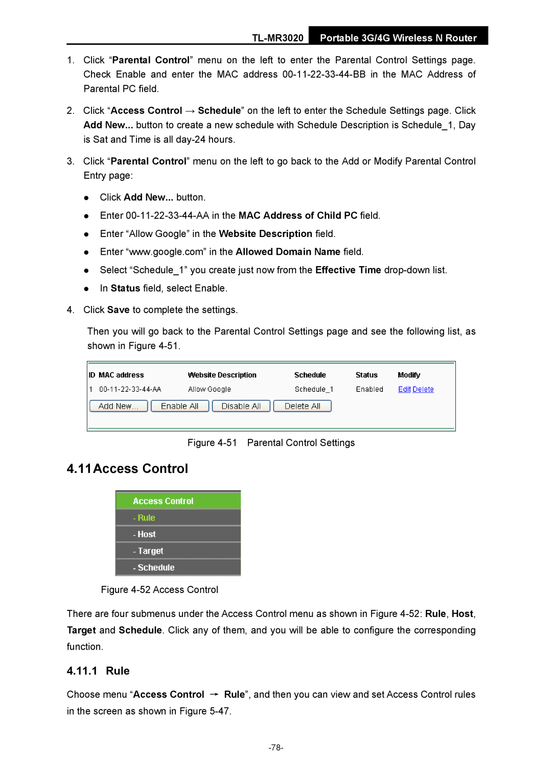 TP-Link TL-MR3020 manual 11Access Control, Rule 