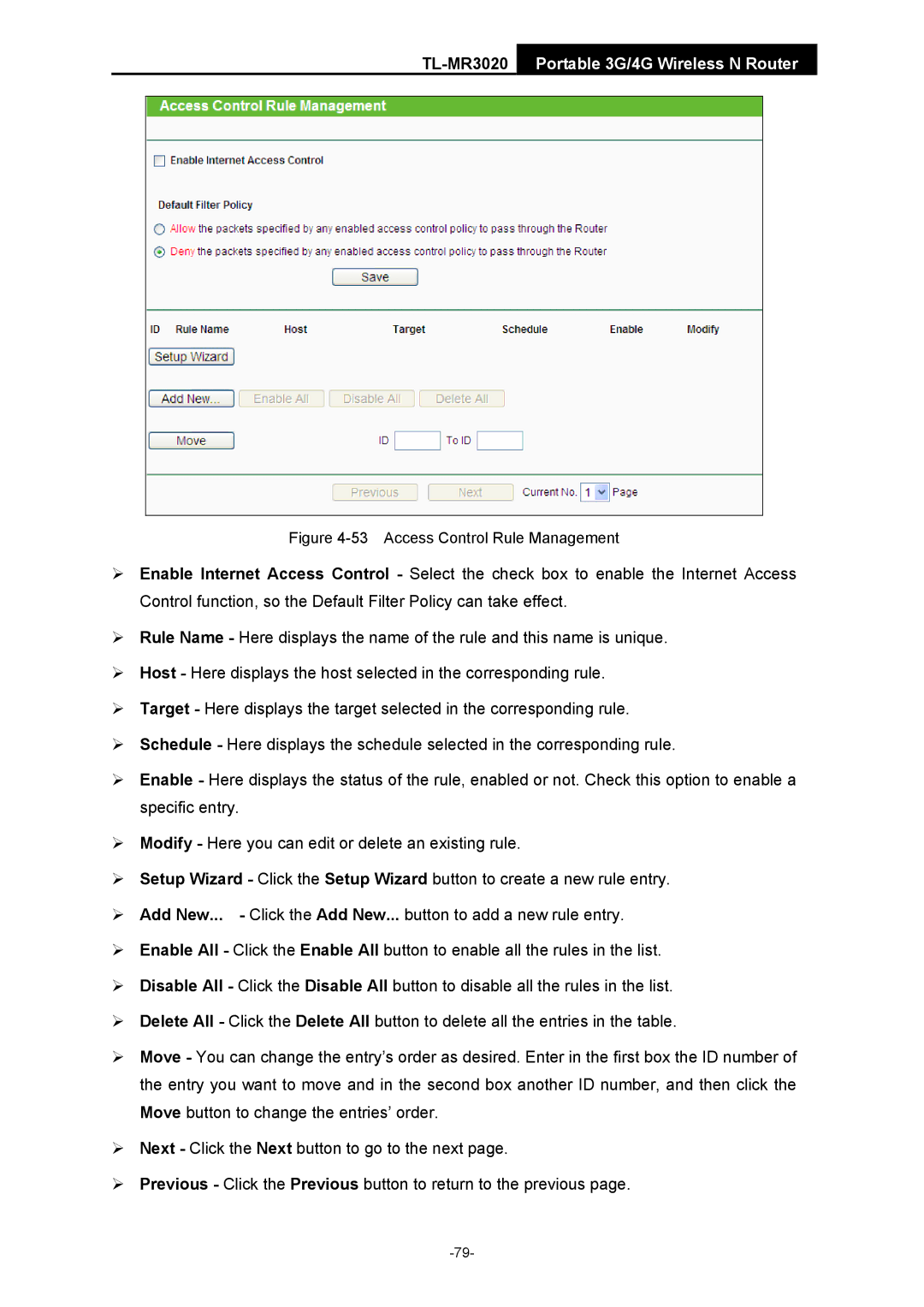 TP-Link TL-MR3020 manual Access Control Rule Management 