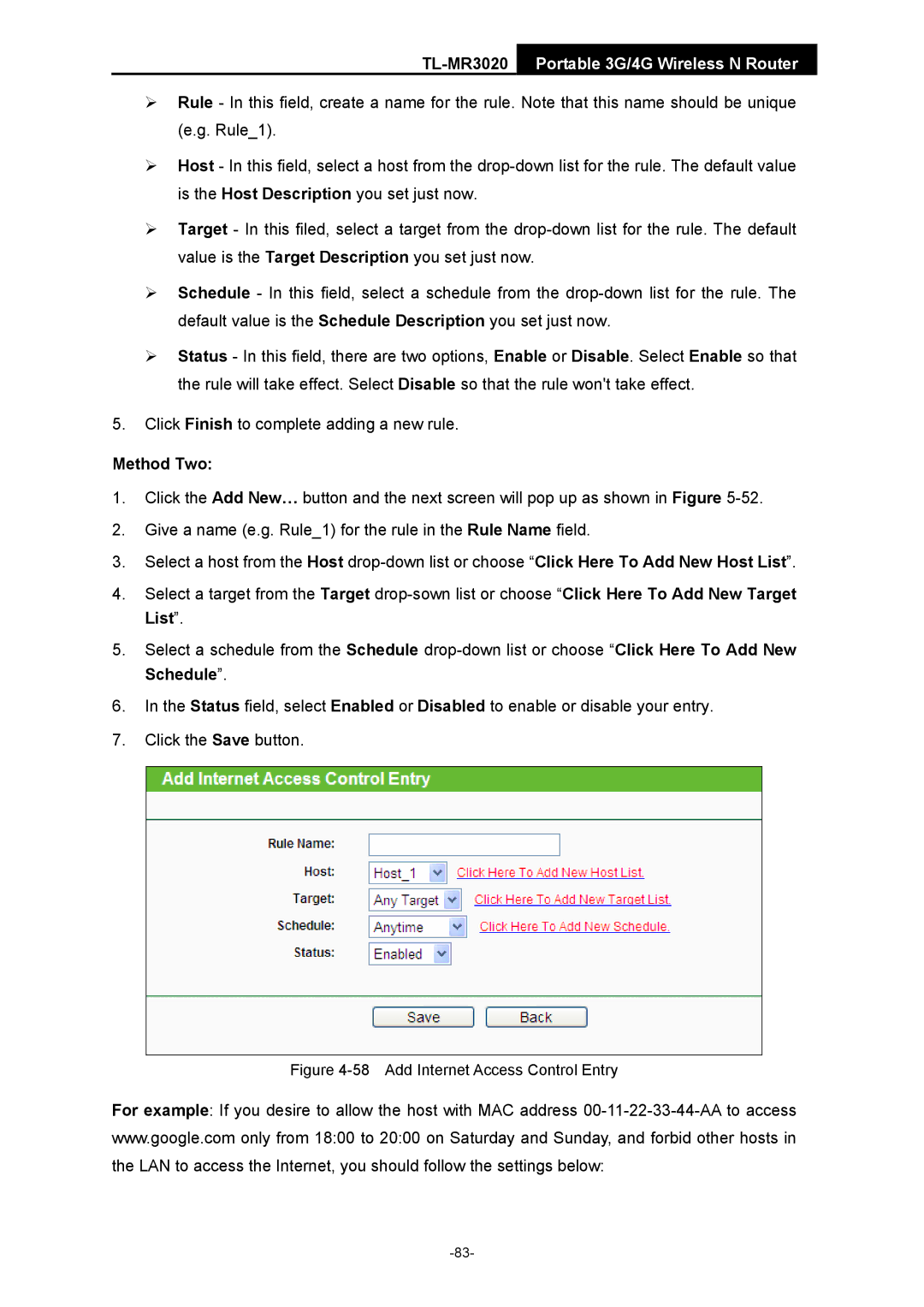 TP-Link TL-MR3020 manual Add Internet Access Control Entry 