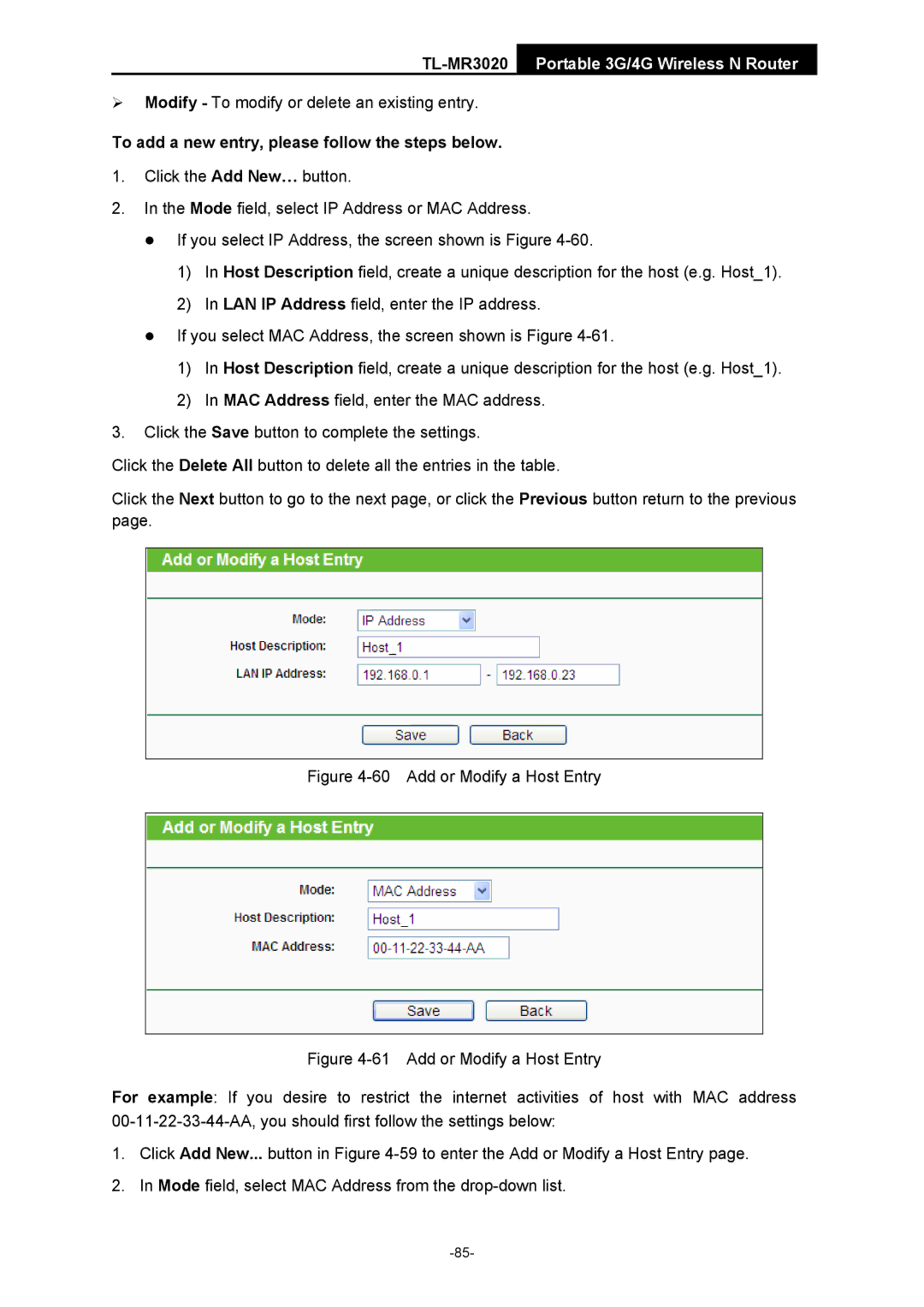 TP-Link TL-MR3020 manual Add or Modify a Host Entry 