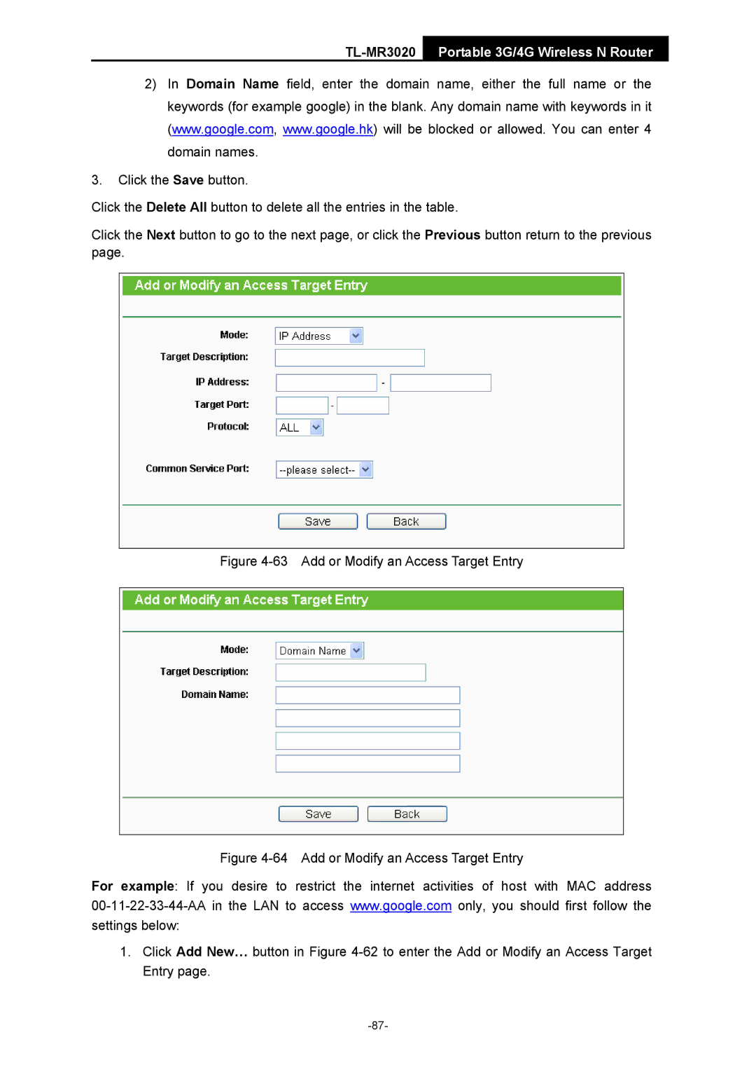 TP-Link TL-MR3020 manual Add or Modify an Access Target Entry 