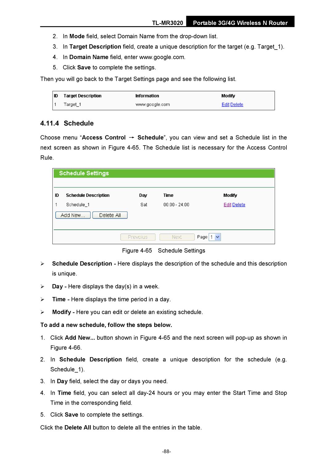 TP-Link TL-MR3020 manual Schedule, To add a new schedule, follow the steps below 