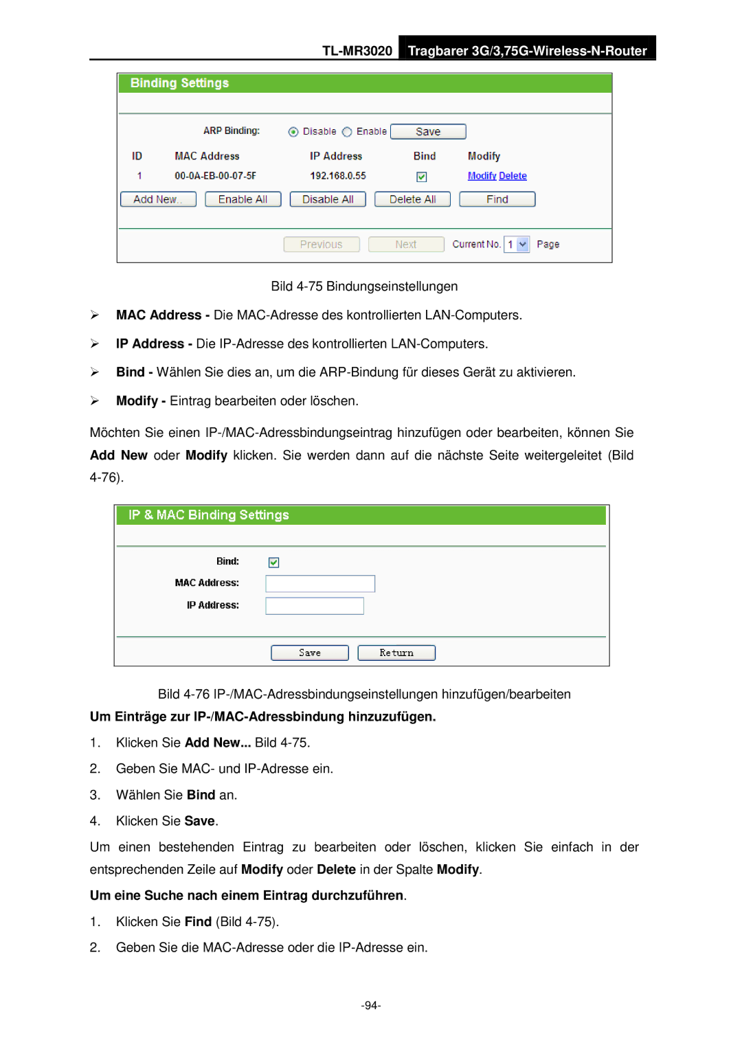 TP-Link TL-MR3020 manual Um Einträge zur IP-/MAC-Adressbindung hinzuzufügen, Um eine Suche nach einem Eintrag durchzuführen 