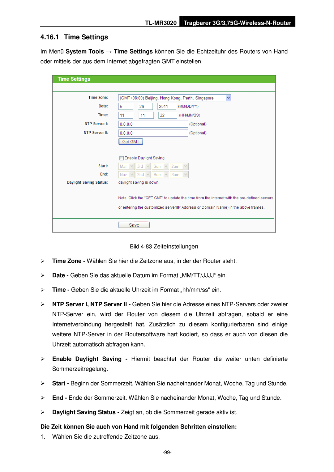 TP-Link TL-MR3020 manual Time Settings 