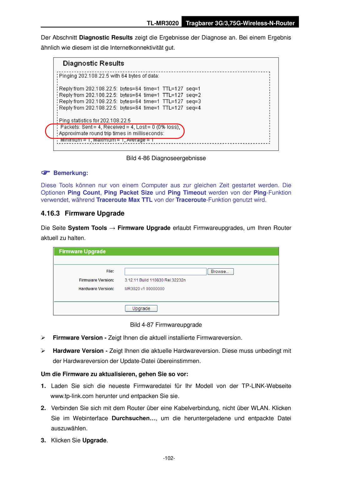 TP-Link TL-MR3020 manual Firmware Upgrade, Um die Firmware zu aktualisieren, gehen Sie so vor 