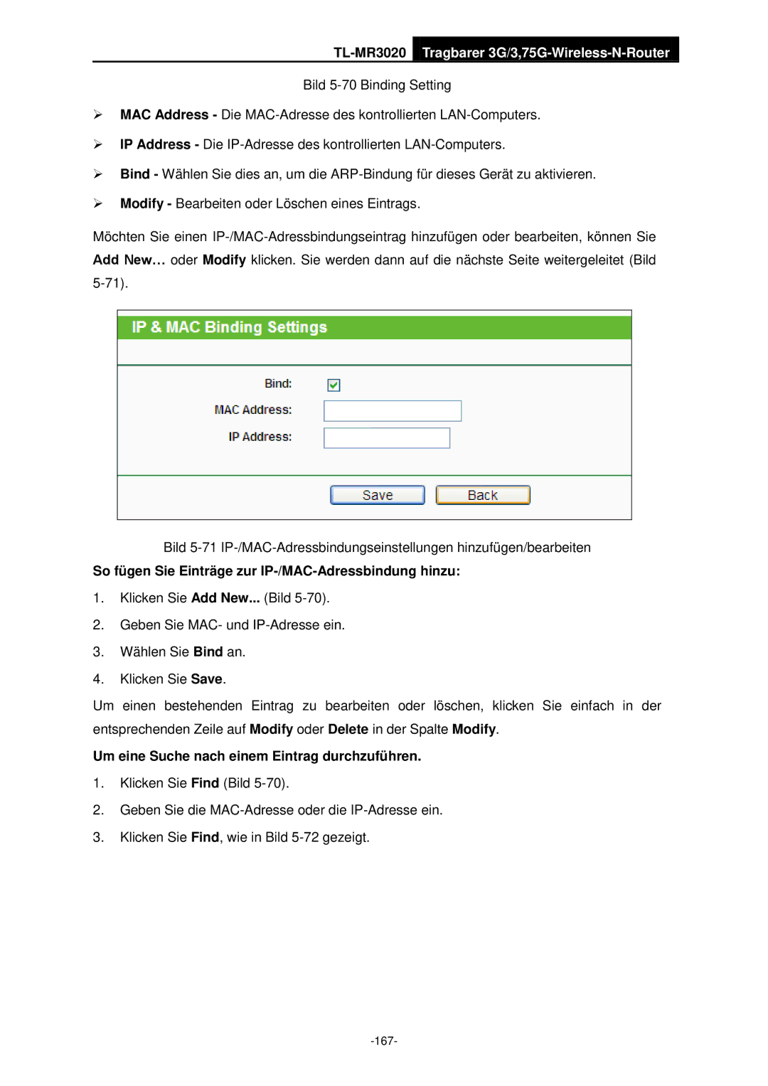 TP-Link TL-MR3020 So fügen Sie Einträge zur IP-/MAC-Adressbindung hinzu, Um eine Suche nach einem Eintrag durchzuführen 