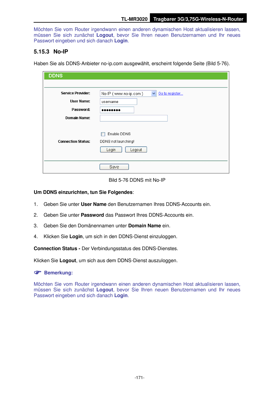 TP-Link TL-MR3020 manual Bild 5-76 Ddns mit No-IP 