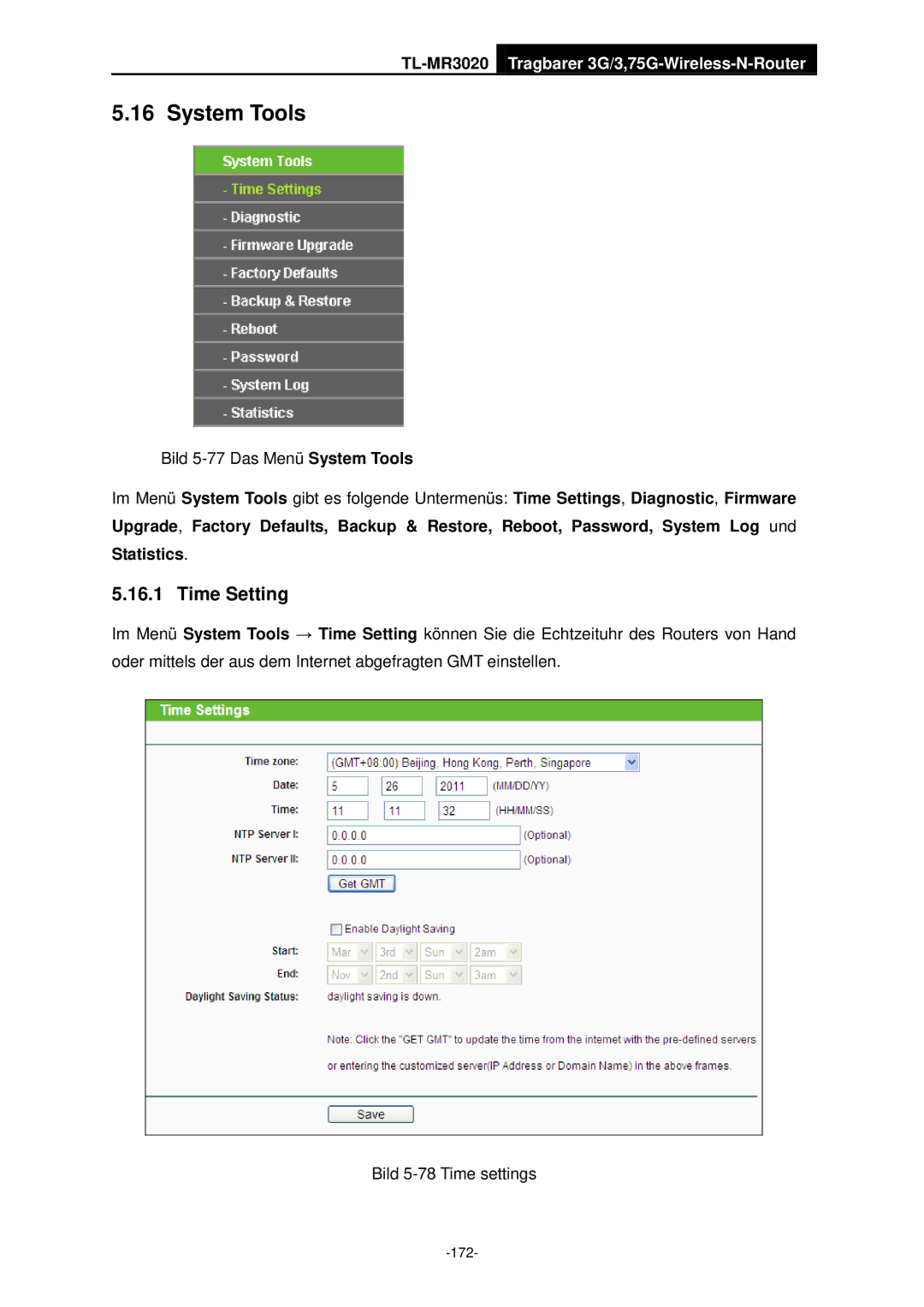 TP-Link TL-MR3020 manual System Tools, Time Setting 