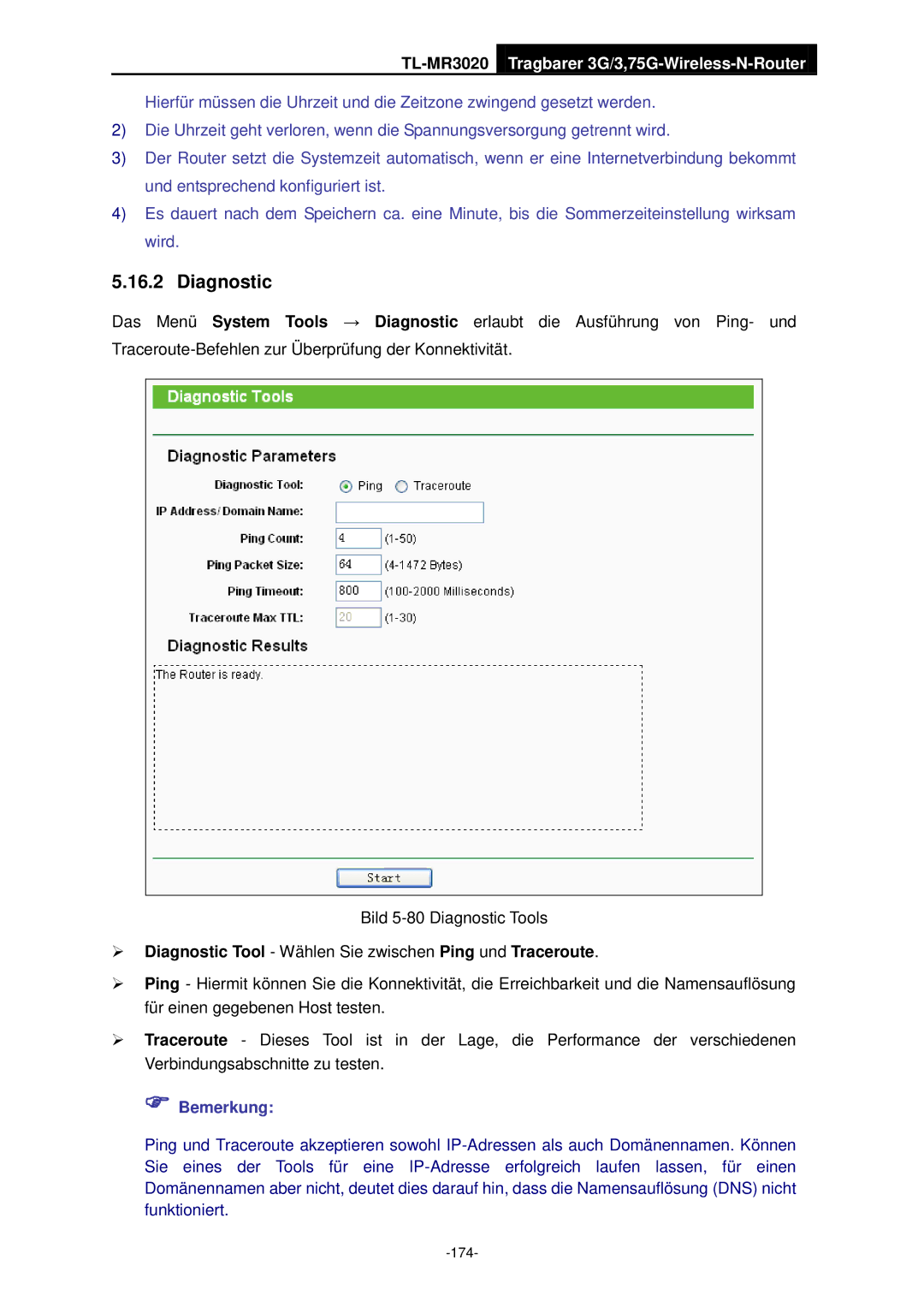 TP-Link TL-MR3020 manual  Diagnostic Tool Wählen Sie zwischen Ping und Traceroute 