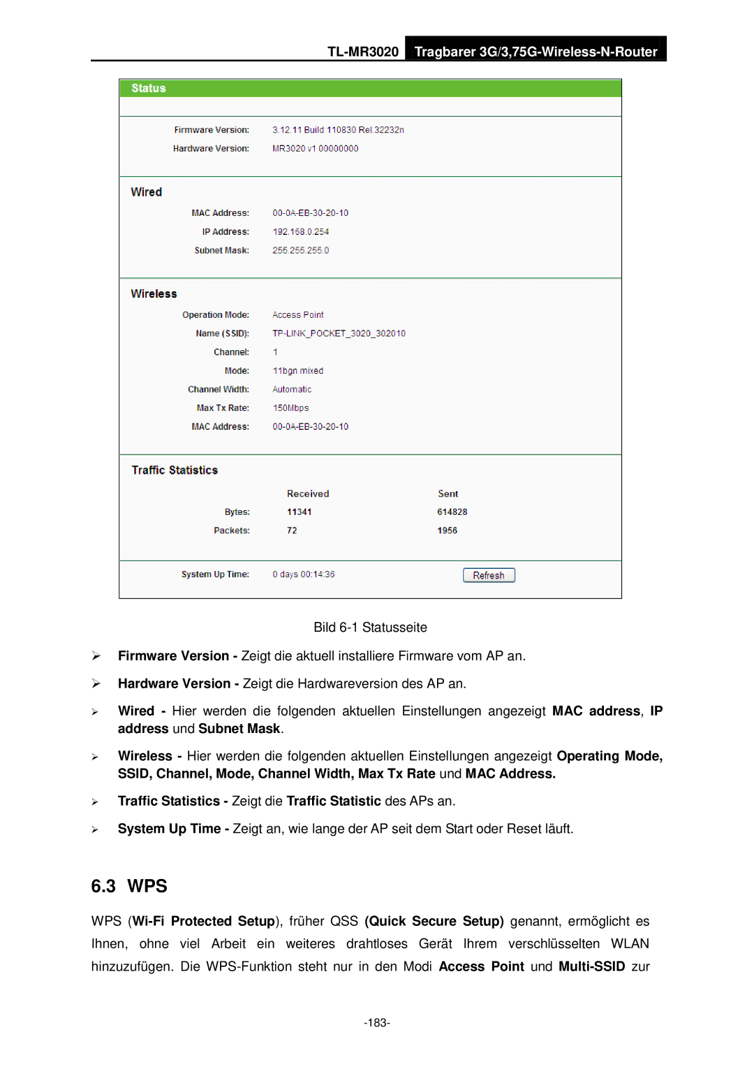 TP-Link TL-MR3020 manual Wps,  Traffic Statistics Zeigt die Traffic Statistic des APs an 