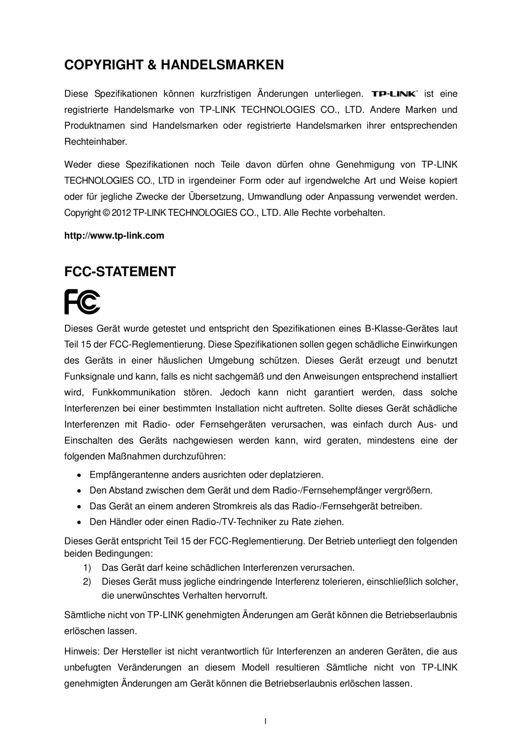 TP-Link TL-MR3020 manual Copyright & Handelsmarken FCC-STATEMENT 