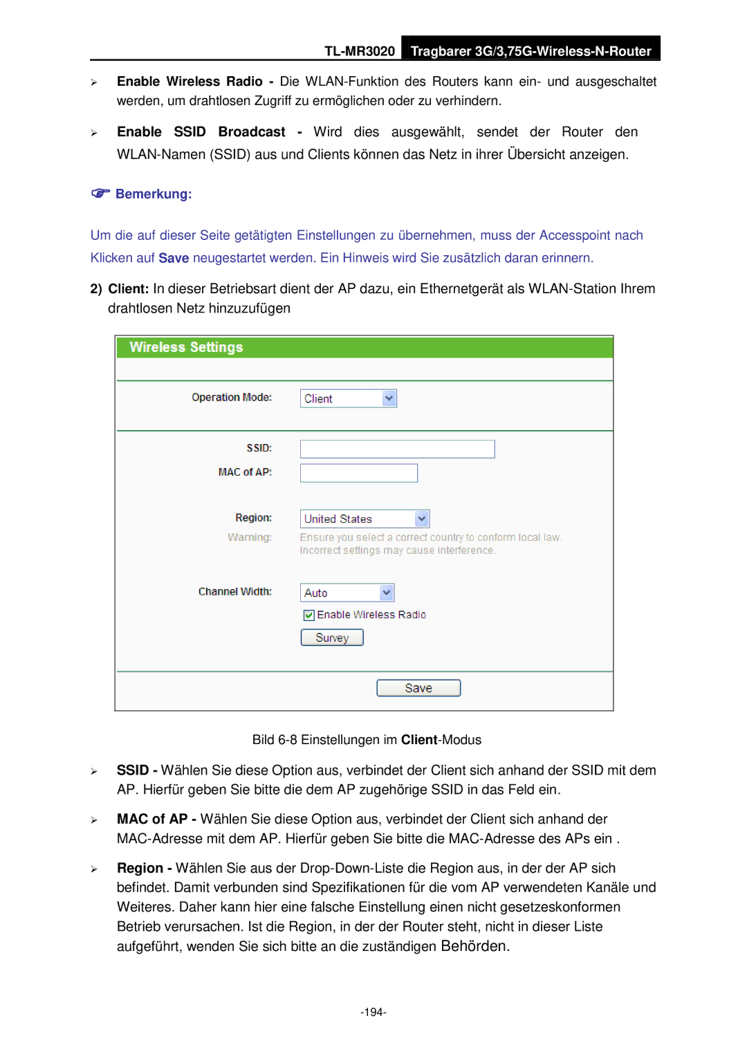 TP-Link TL-MR3020 manual Bild 6-8 Einstellungen im Client-Modus 