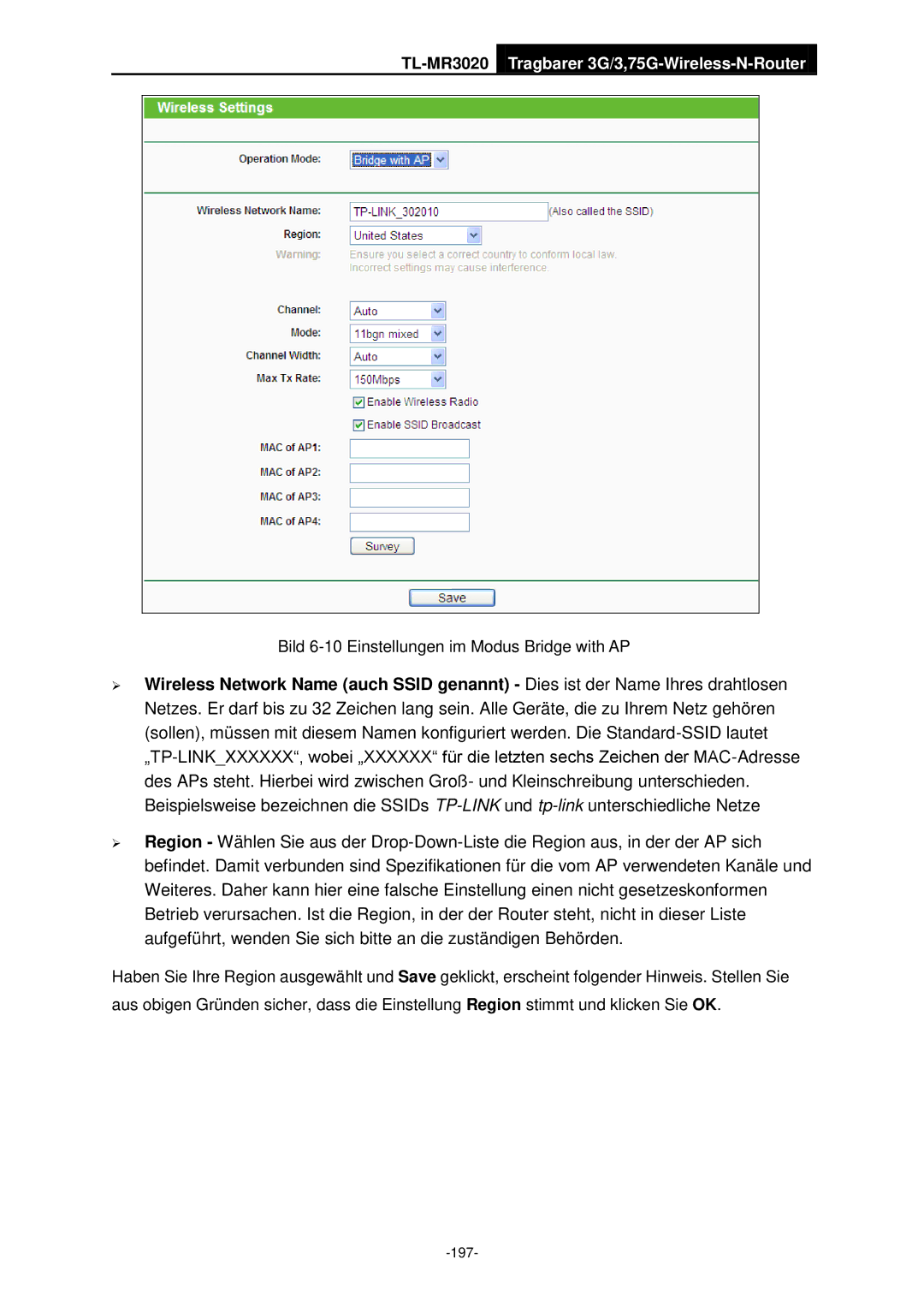 TP-Link TL-MR3020 manual Bild 6-10 Einstellungen im Modus Bridge with AP 