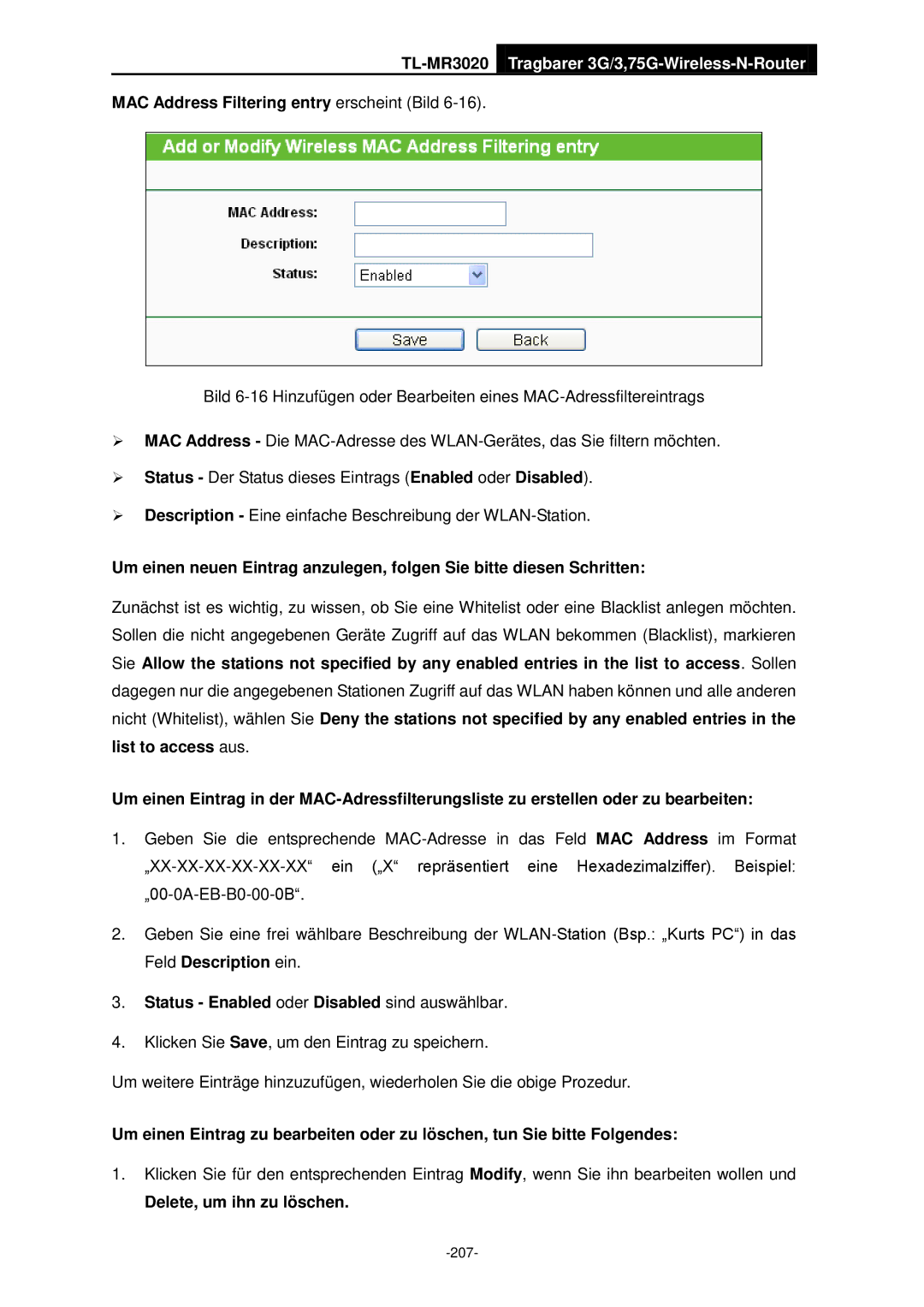 TP-Link TL-MR3020 manual MAC Address Filtering entry erscheint Bild, Delete, um ihn zu löschen 