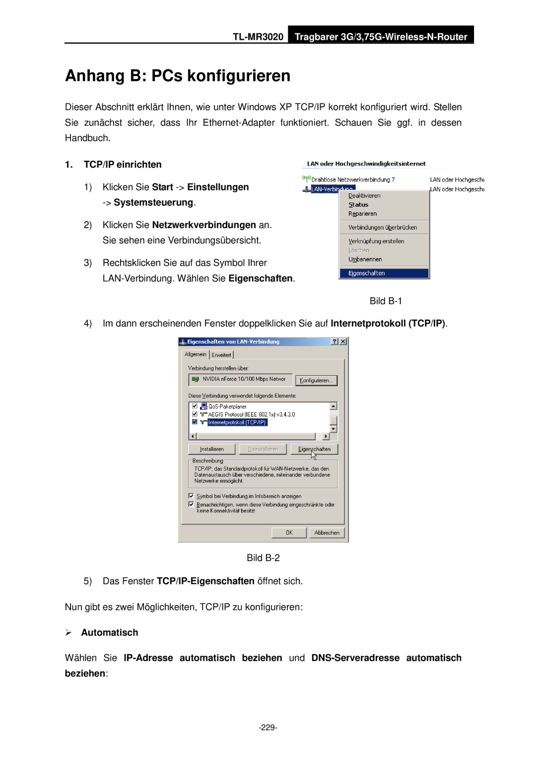 TP-Link TL-MR3020 manual Anhang B PCs konfigurieren, TCP/IP einrichten 