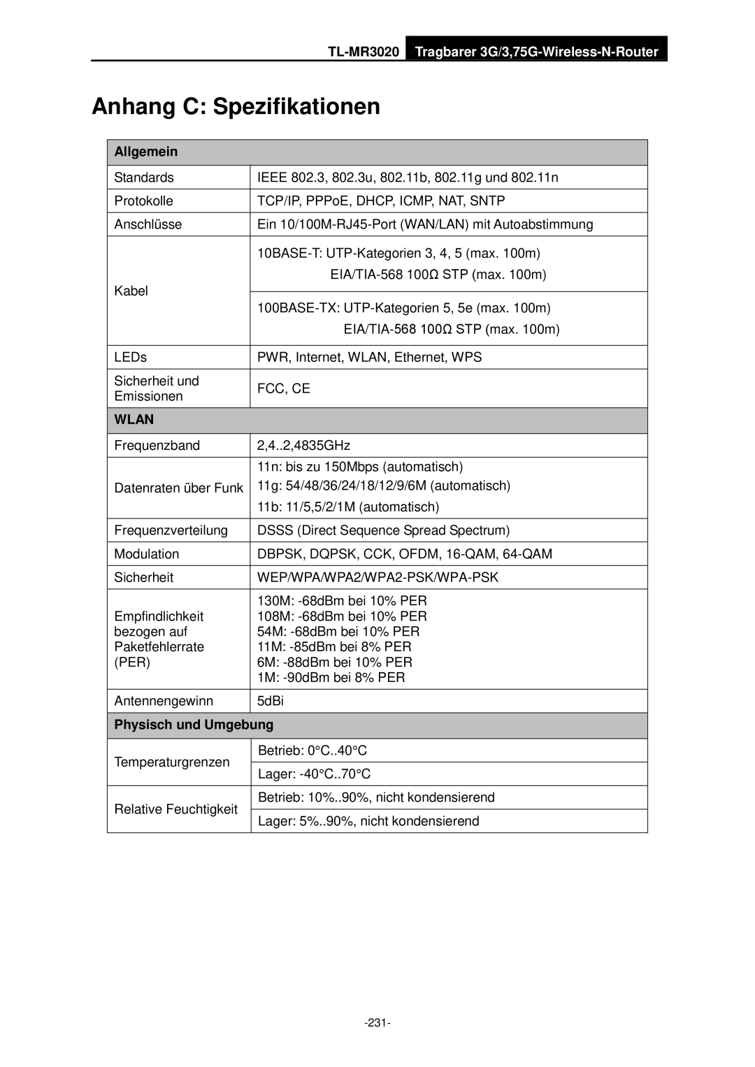 TP-Link TL-MR3020 manual Allgemein, Physisch und Umgebung 