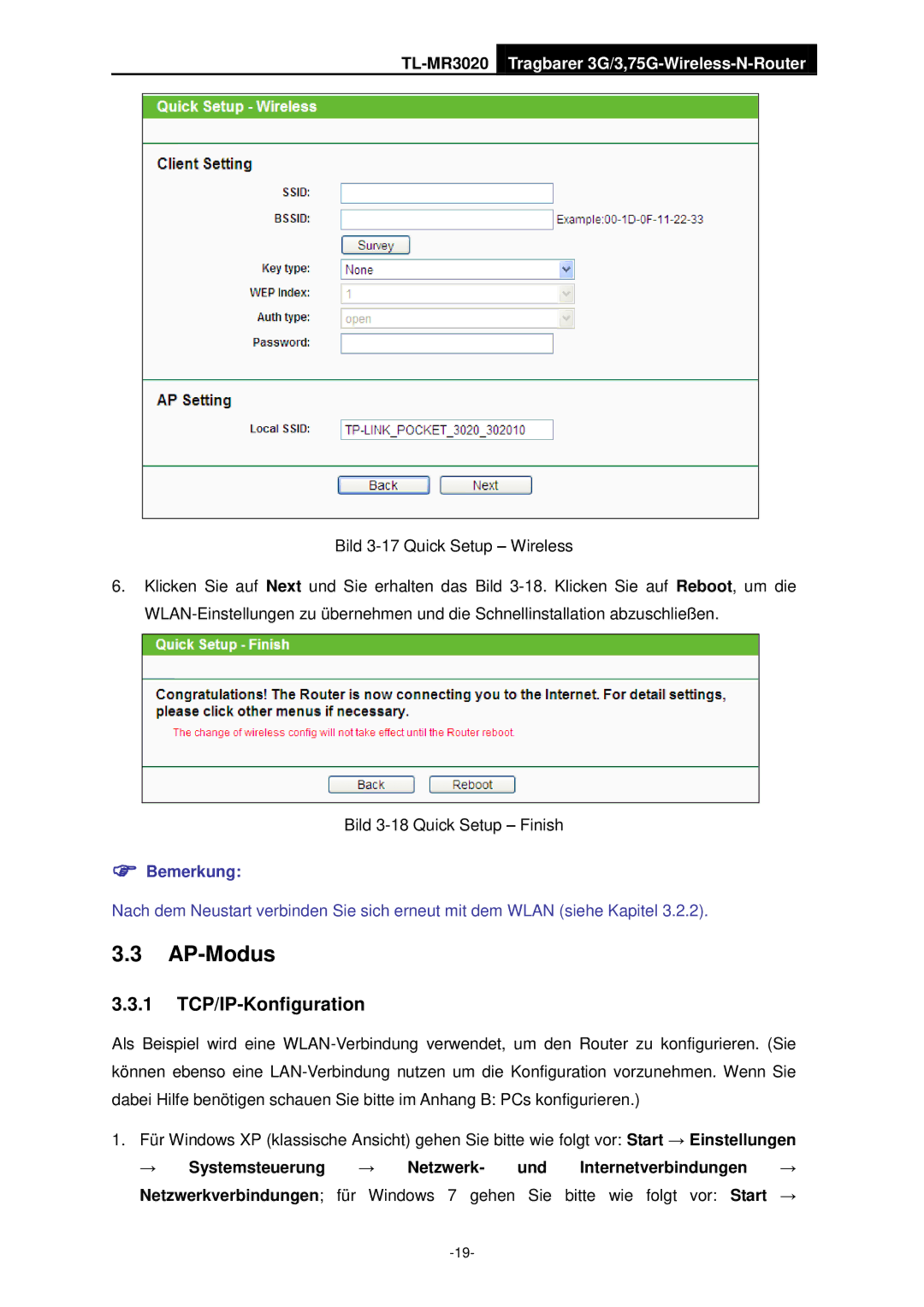 TP-Link TL-MR3020 manual AP-Modus, 1 TCP/IP-Konfiguration 