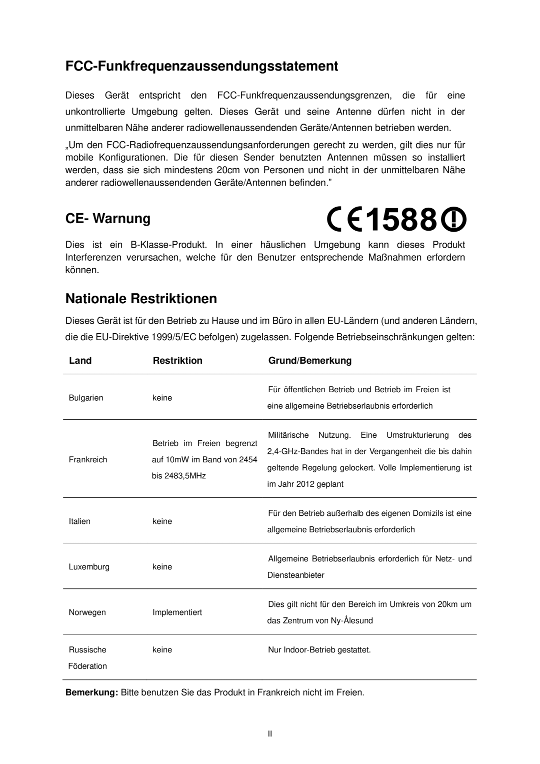 TP-Link TL-MR3020 manual FCC-Funkfrequenzaussendungsstatement, Land Restriktion Grund/Bemerkung 