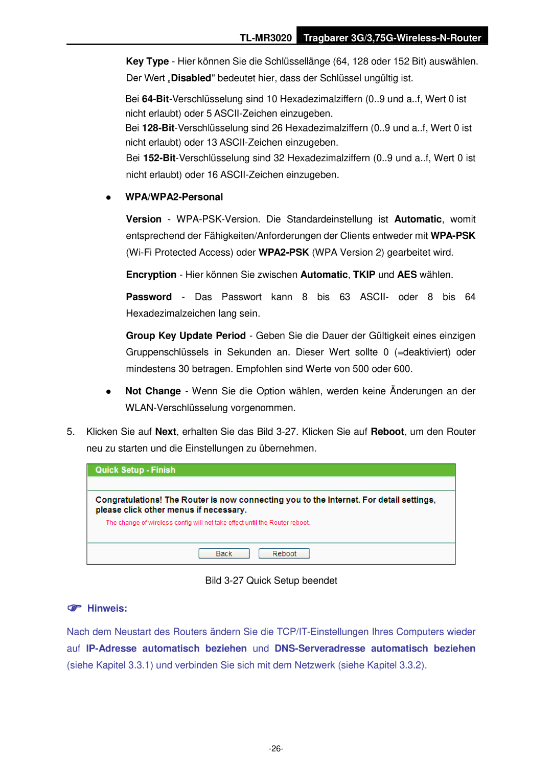 TP-Link TL-MR3020 manual  WPA/WPA2-Personal,  Hinweis 