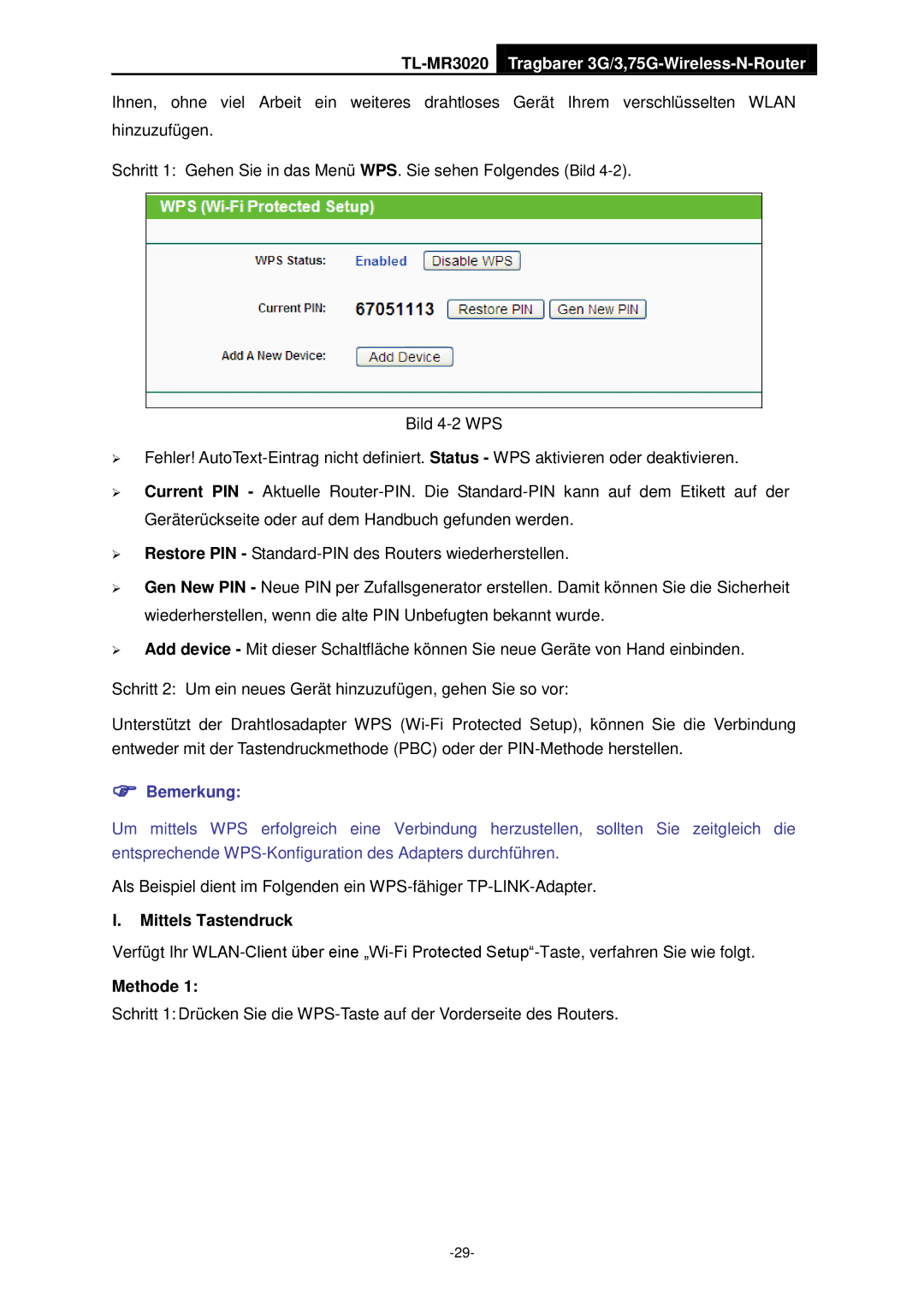 TP-Link TL-MR3020 manual Mittels Tastendruck, Methode 