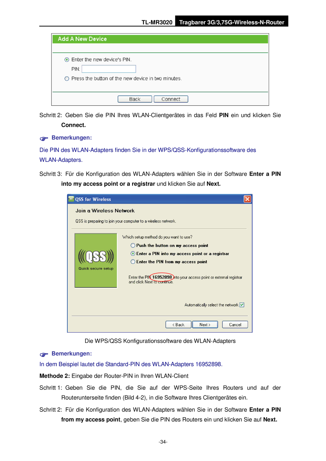 TP-Link TL-MR3020 manual Connect,  Bemerkungen 