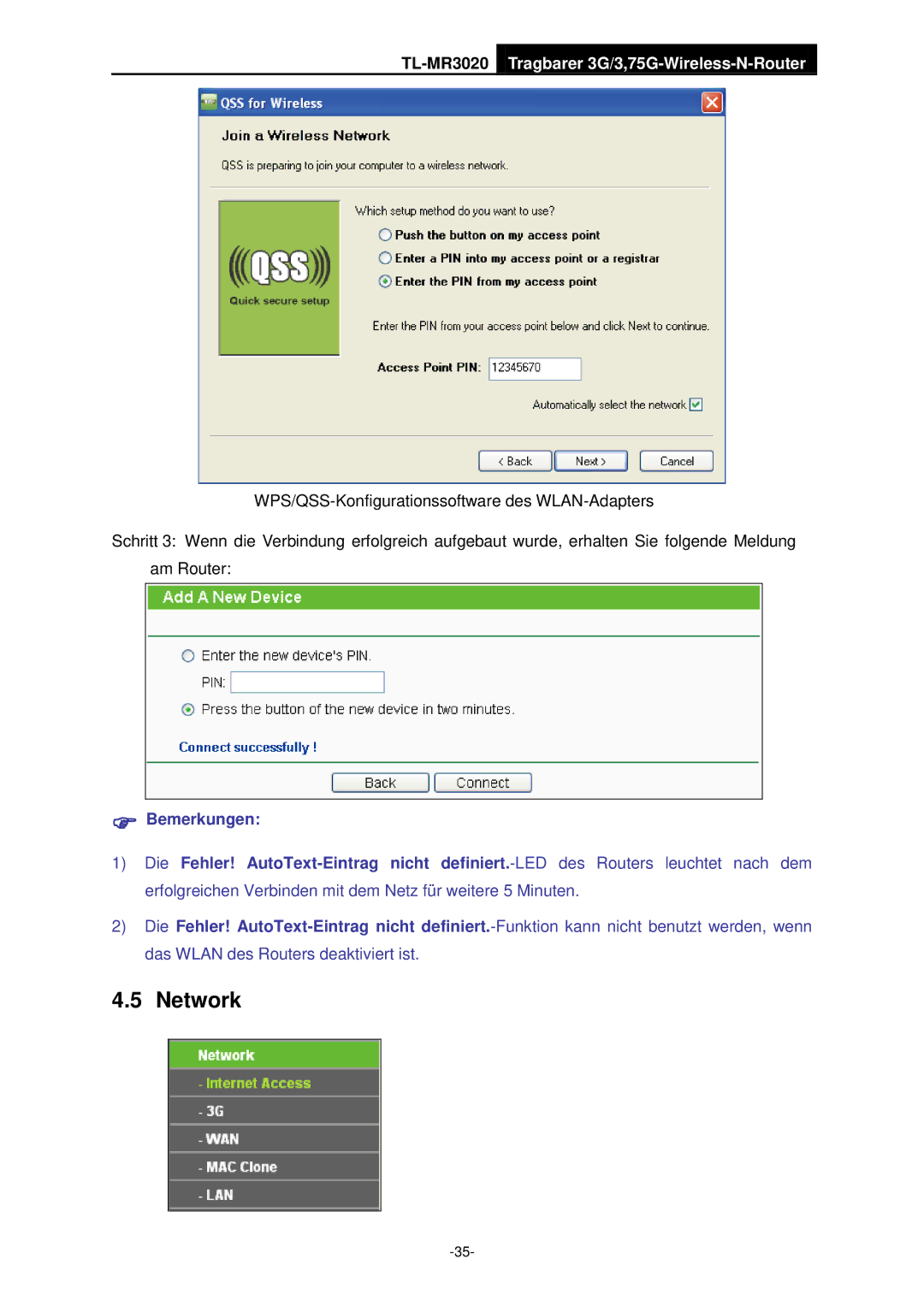 TP-Link TL-MR3020 manual Network 