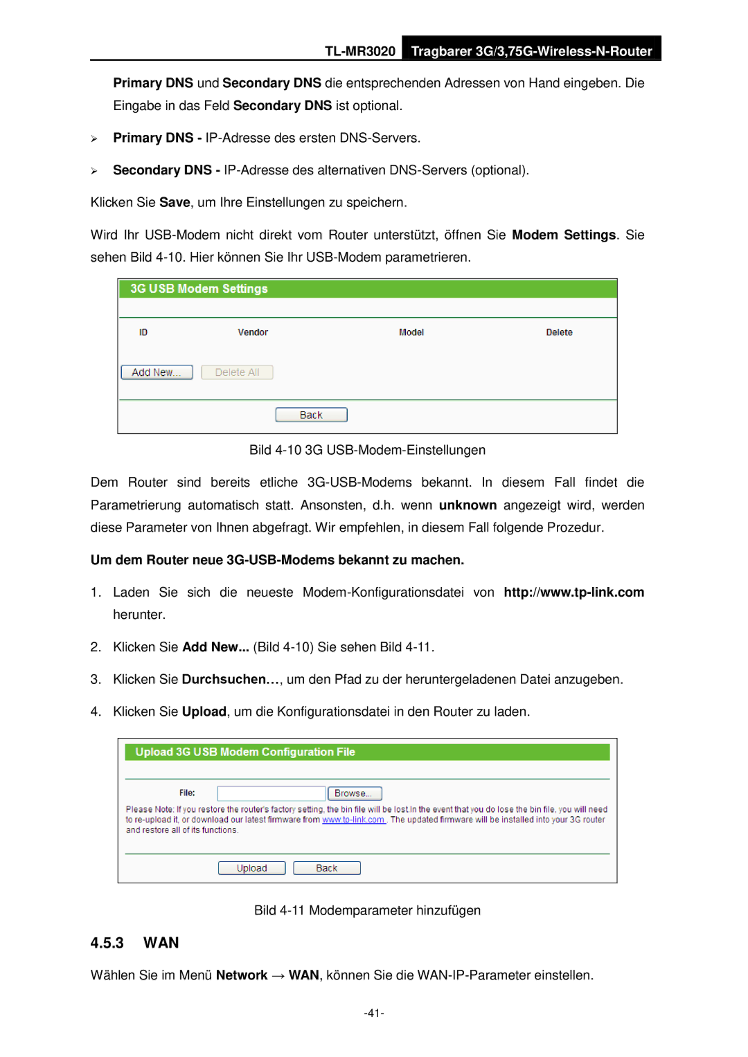 TP-Link TL-MR3020 manual 3 WAN, Um dem Router neue 3G-USB-Modems bekannt zu machen 