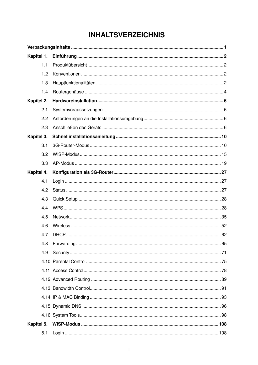 TP-Link TL-MR3020 manual Inhaltsverzeichnis, Kapitel 