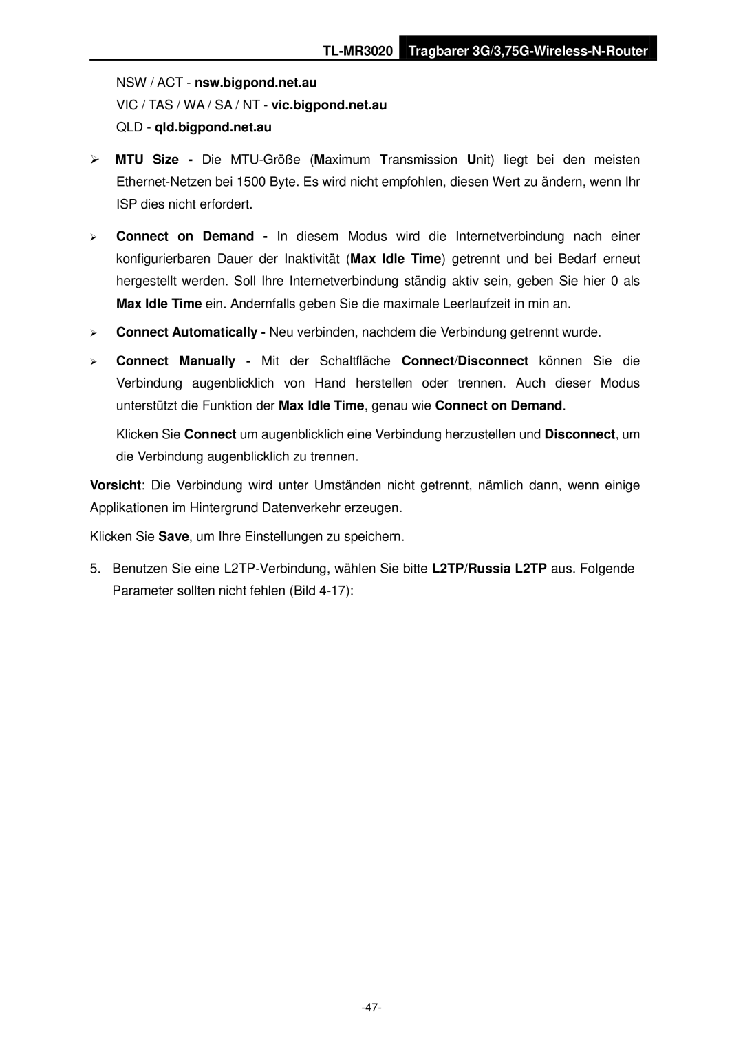 TP-Link TL-MR3020 manual NSW / ACT nsw.bigpond.net.au, QLD qld.bigpond.net.au 