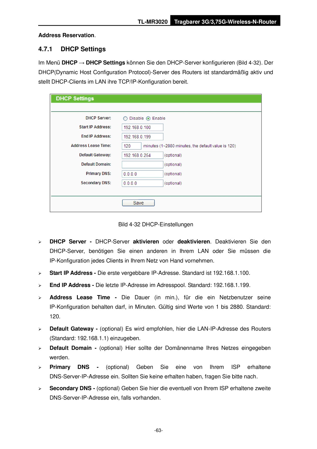 TP-Link TL-MR3020 manual Dhcp Settings, Address Reservation 