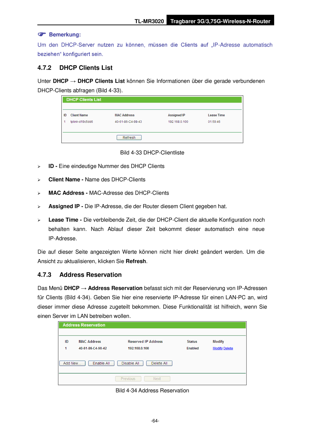 TP-Link TL-MR3020 manual Dhcp Clients List, Address Reservation 