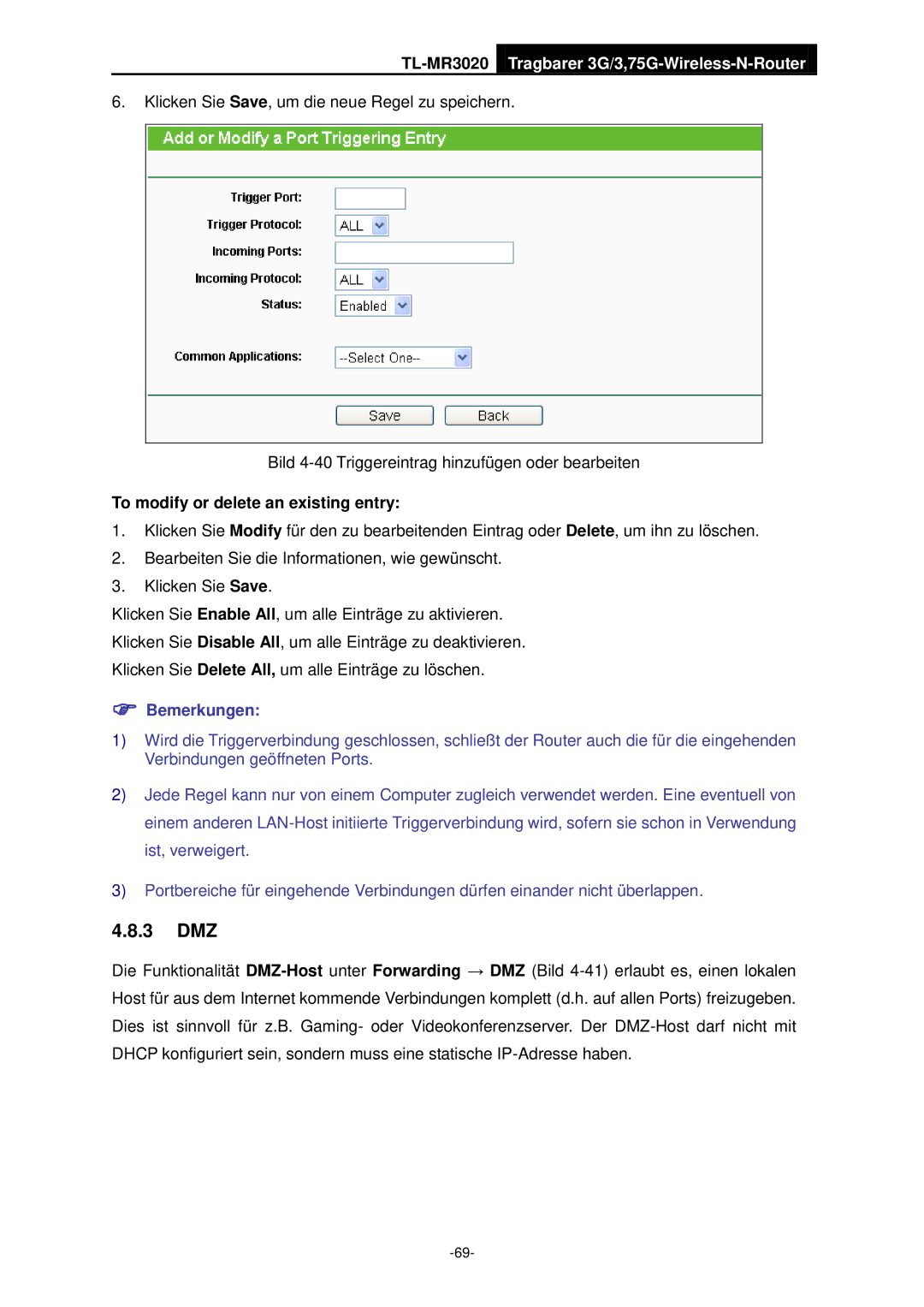 TP-Link TL-MR3020 manual 3 DMZ, To modify or delete an existing entry 