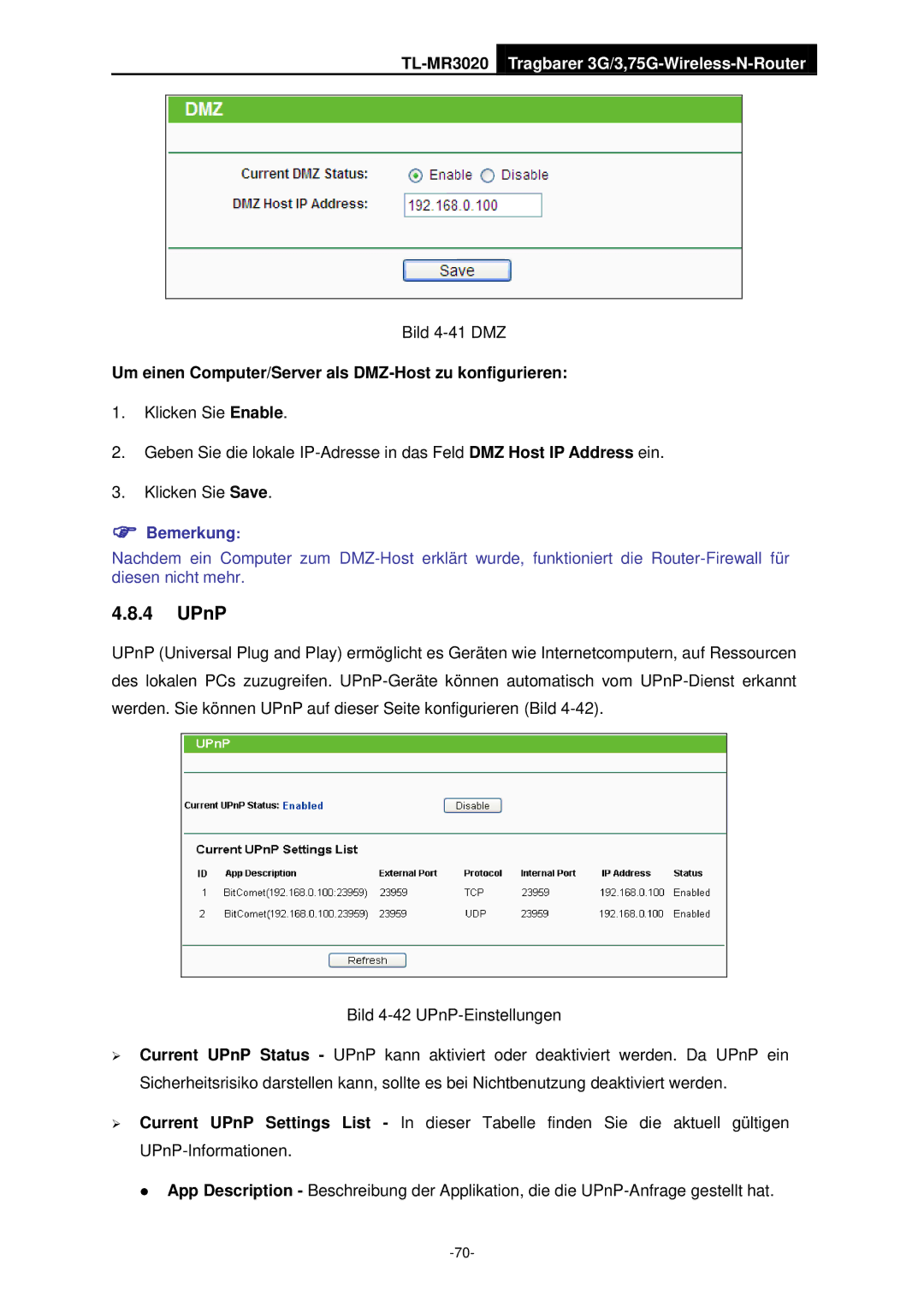 TP-Link TL-MR3020 manual UPnP, Um einen Computer/Server als DMZ-Host zu konfigurieren 