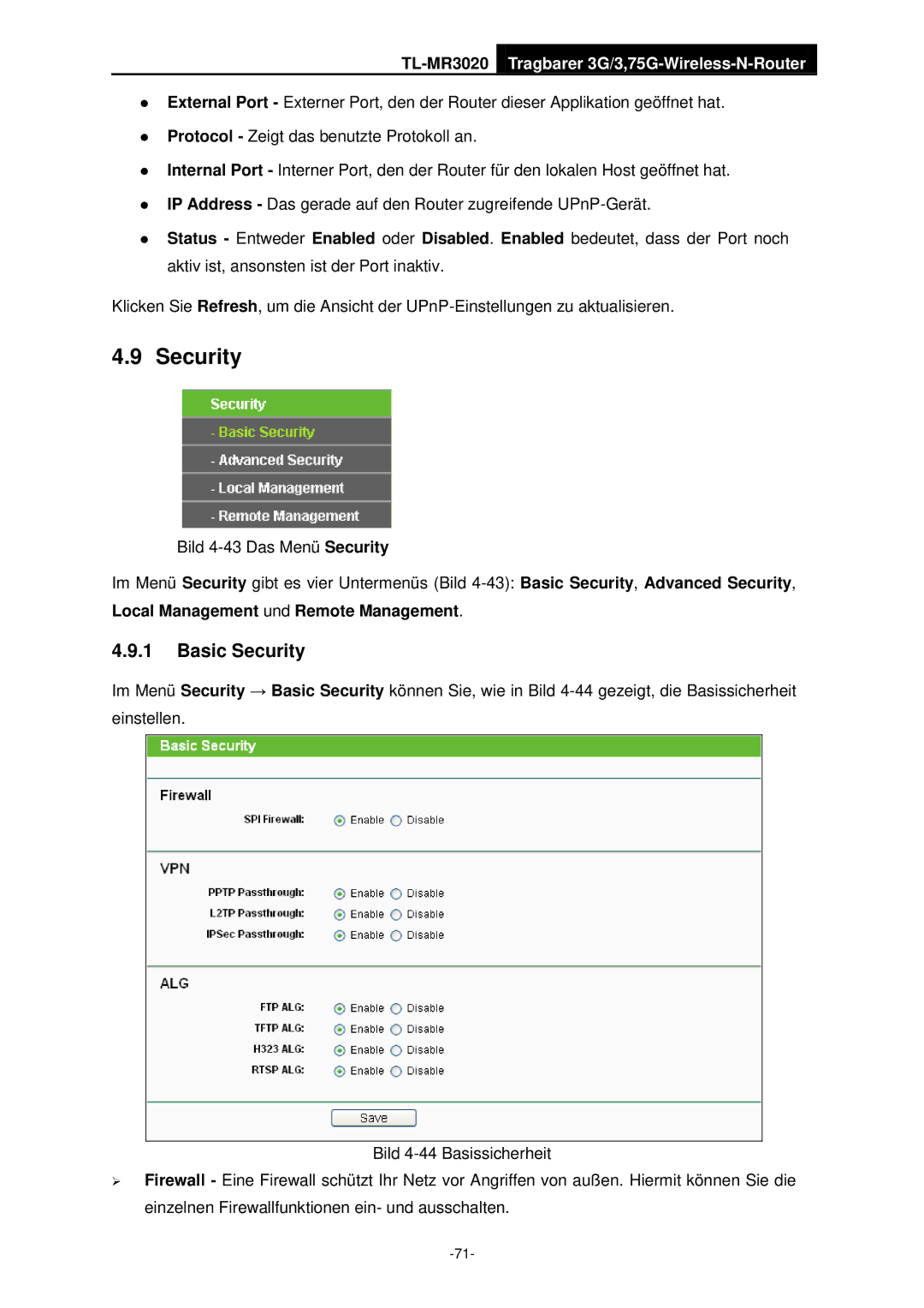 TP-Link TL-MR3020 manual Basic Security 