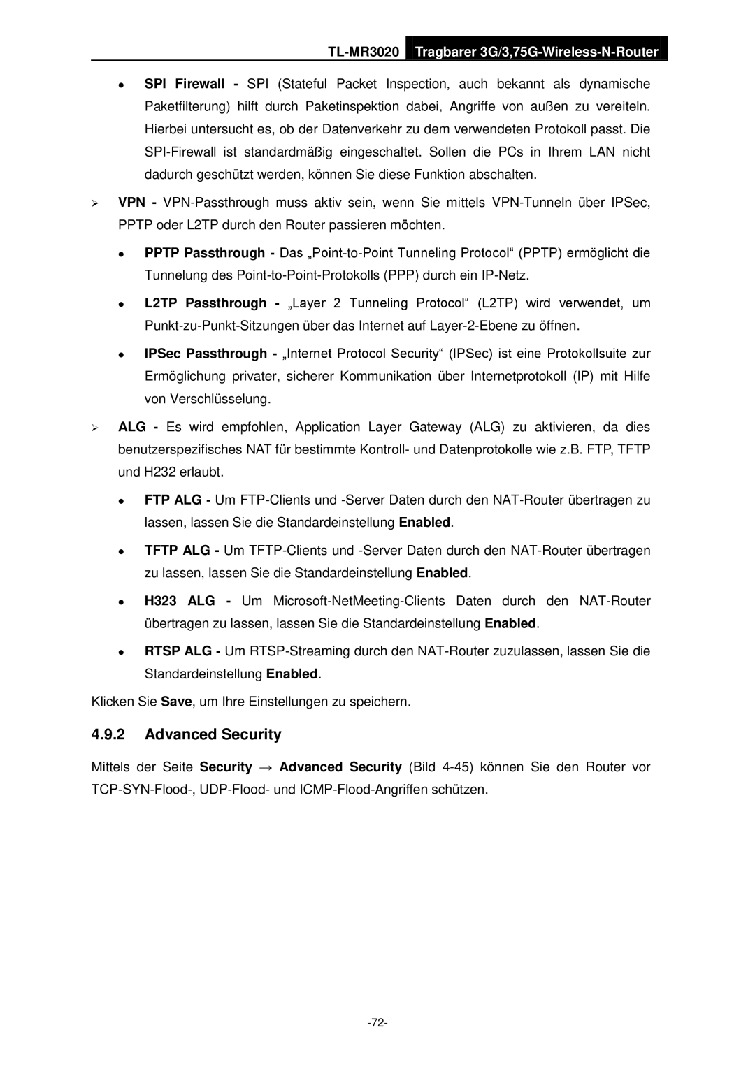 TP-Link TL-MR3020 manual Advanced Security 