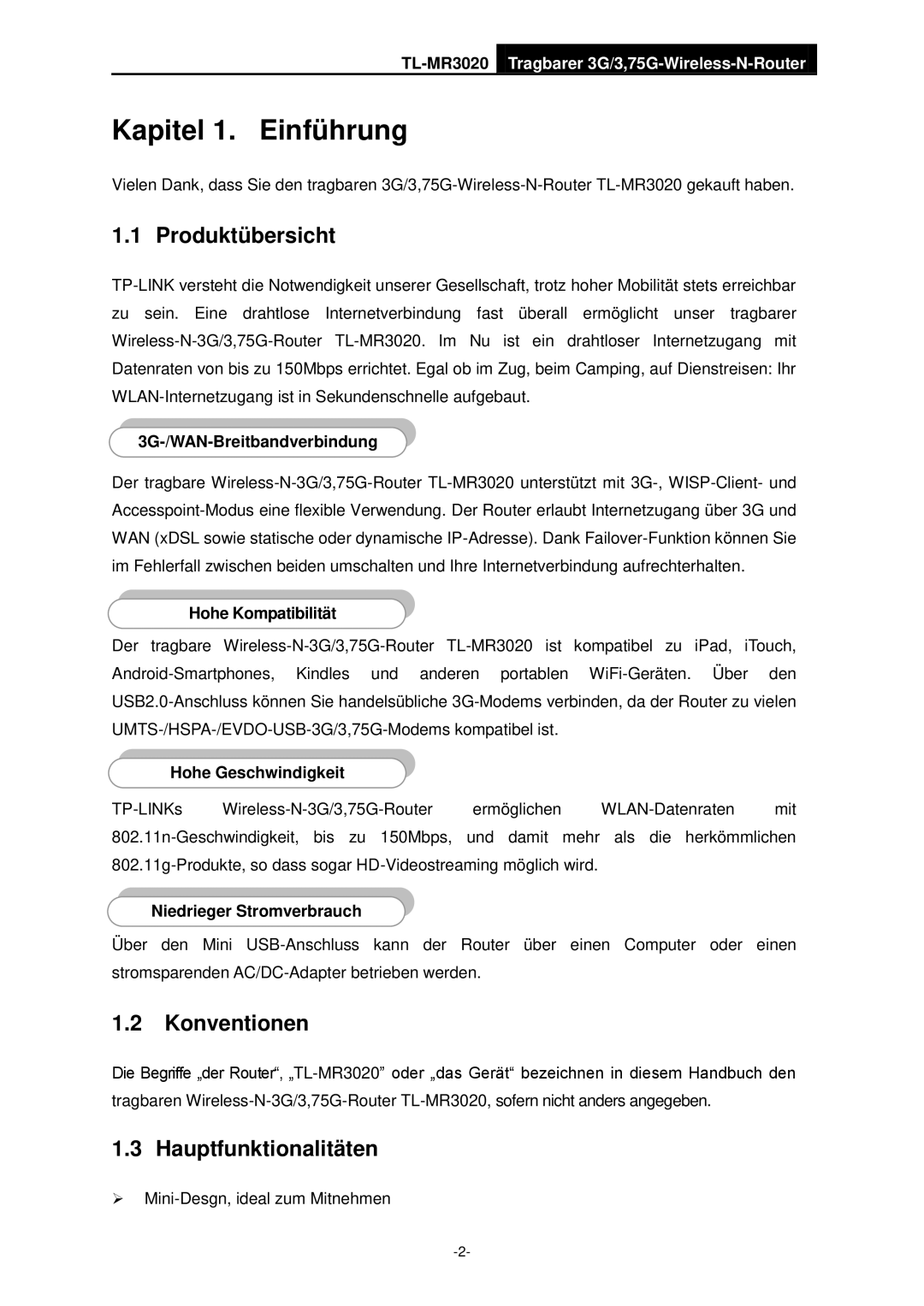 TP-Link TL-MR3020 manual Produktübersicht, Konventionen, Hauptfunktionalitäten 