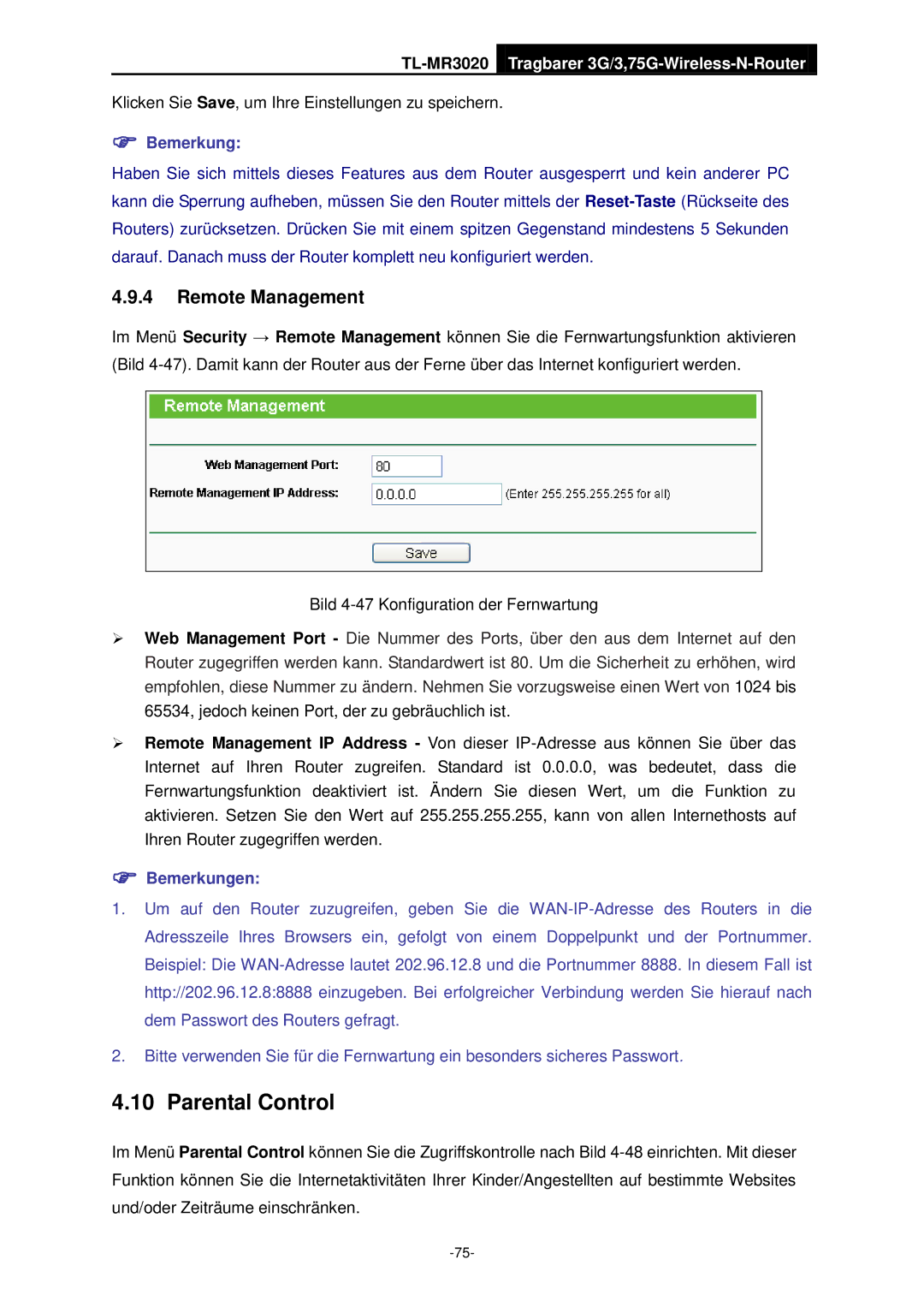 TP-Link TL-MR3020 manual Parental Control, Remote Management 