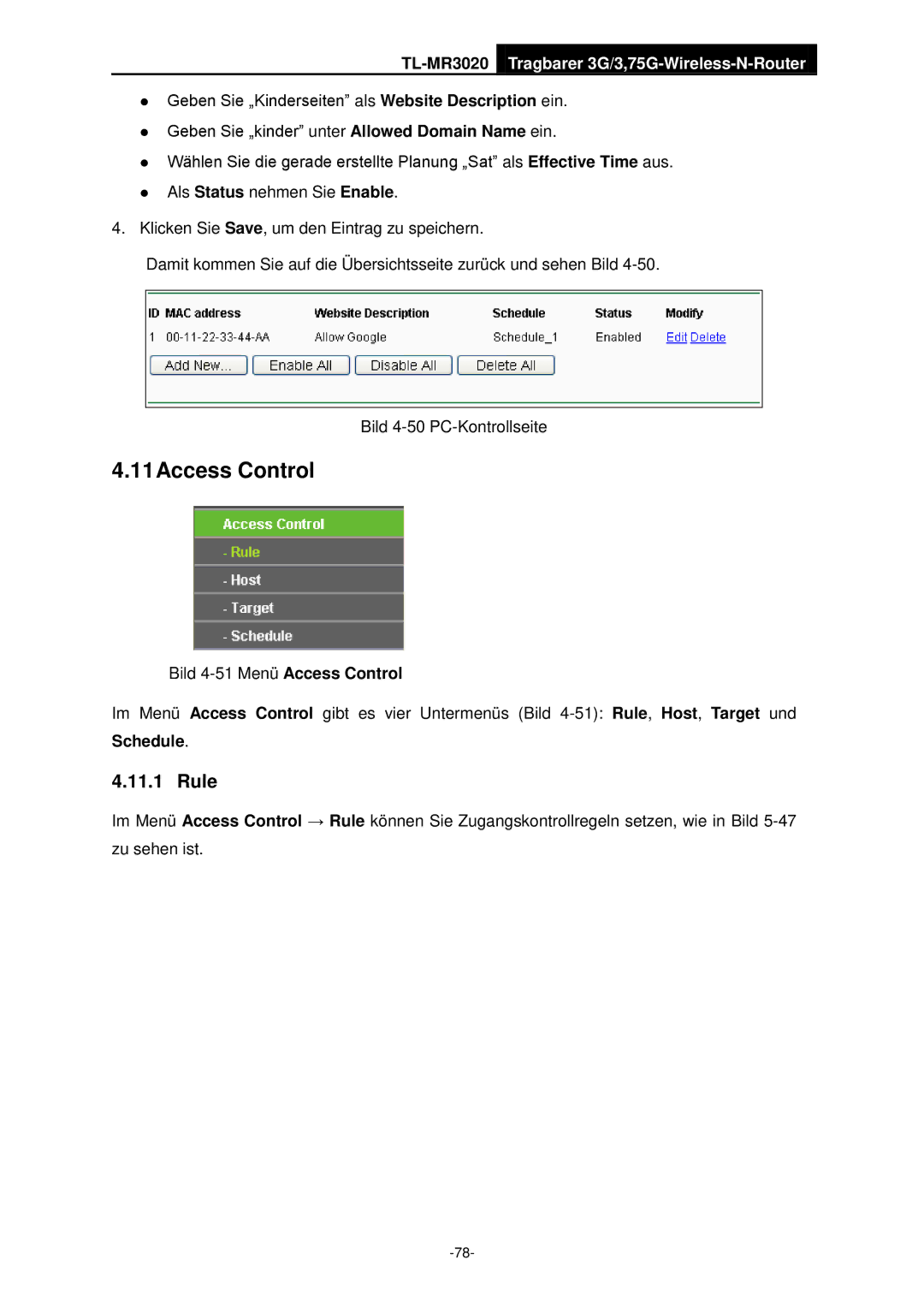 TP-Link TL-MR3020 manual 11Access Control, Rule, Schedule 