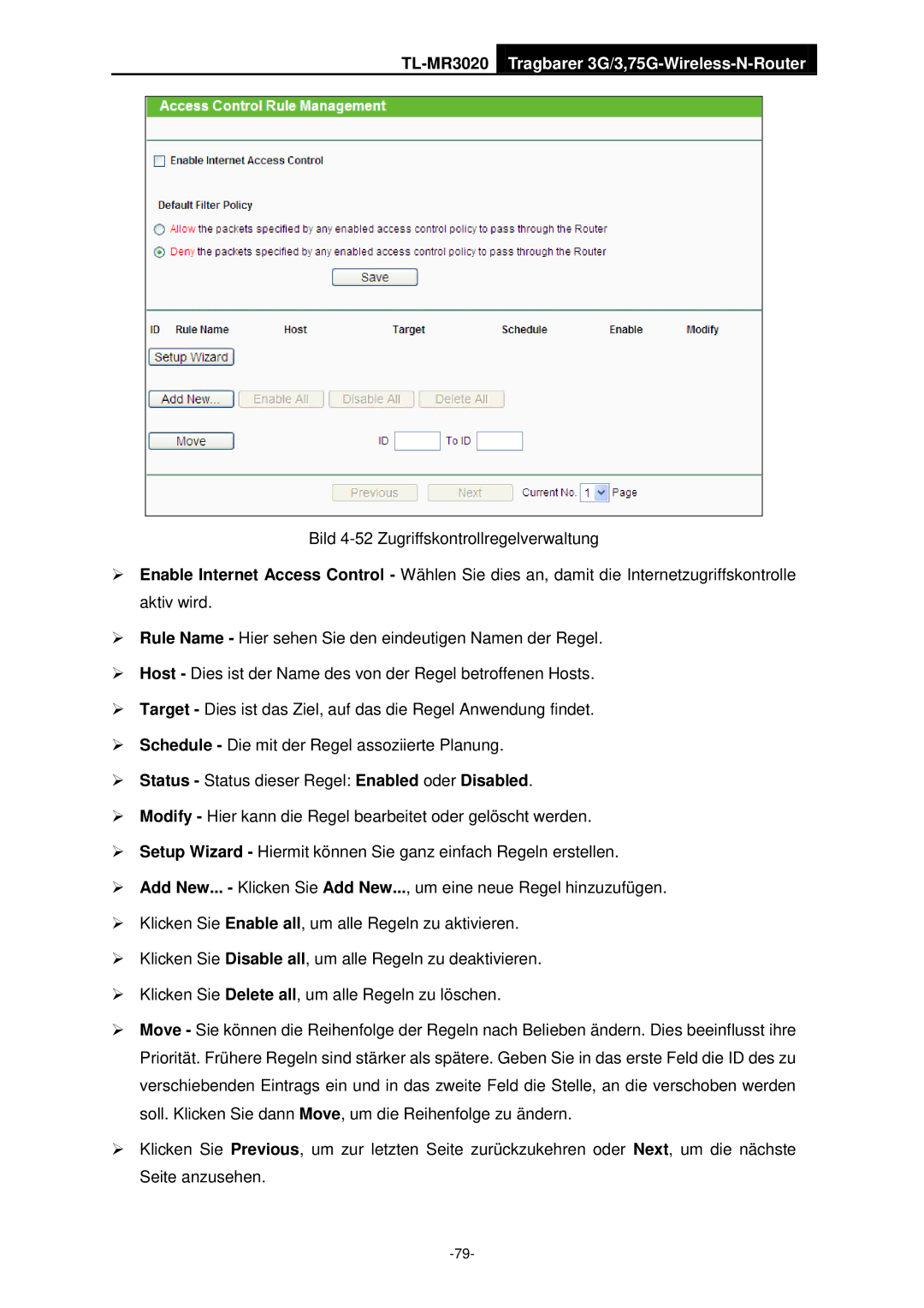 TP-Link TL-MR3020 manual Bild 4-52 Zugriffskontrollregelverwaltung 