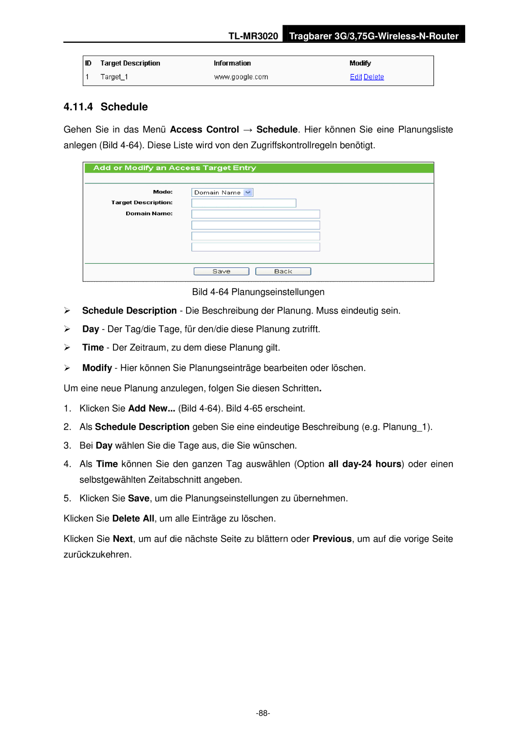 TP-Link TL-MR3020 manual Schedule 