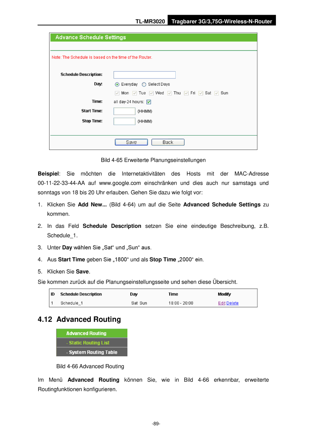 TP-Link TL-MR3020 manual Advanced Routing 