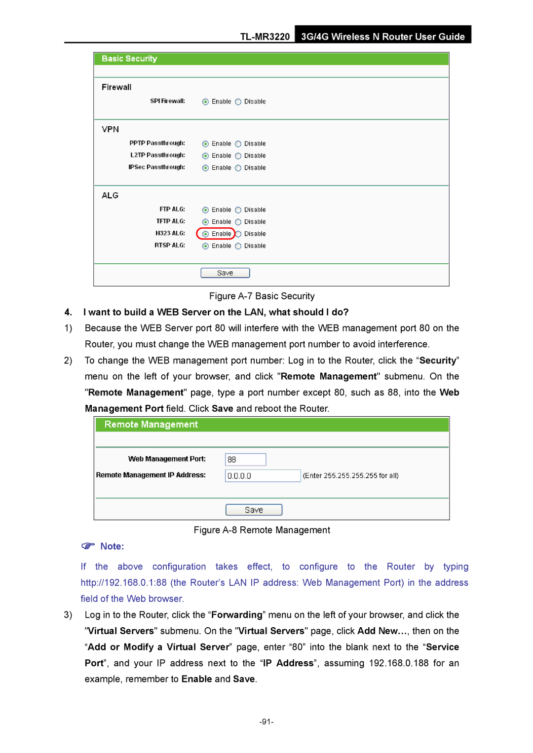 TP-Link TL-MR3220 manual Figure A-7 Basic Security, Want to build a WEB Server on the LAN, what should I do? 