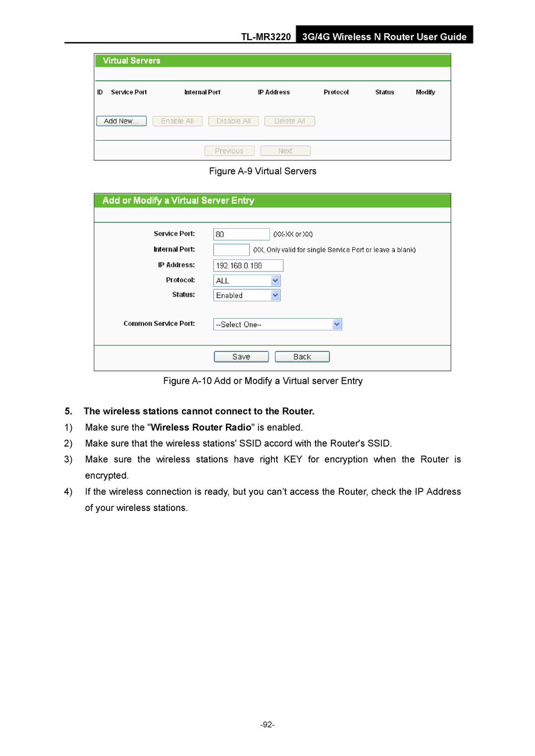 TP-Link TL-MR3220 manual Figure A-9 Virtual Servers, Wireless stations cannot connect to the Router 