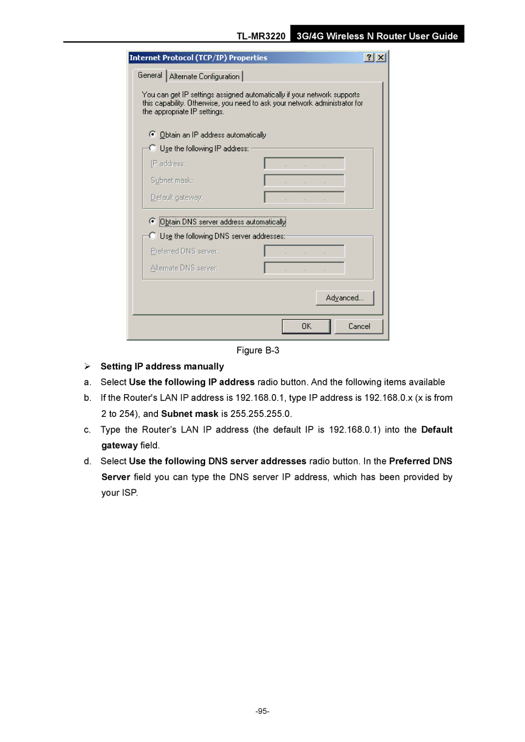 TP-Link TL-MR3220 Figure B-3, ¾ Setting IP address manually 