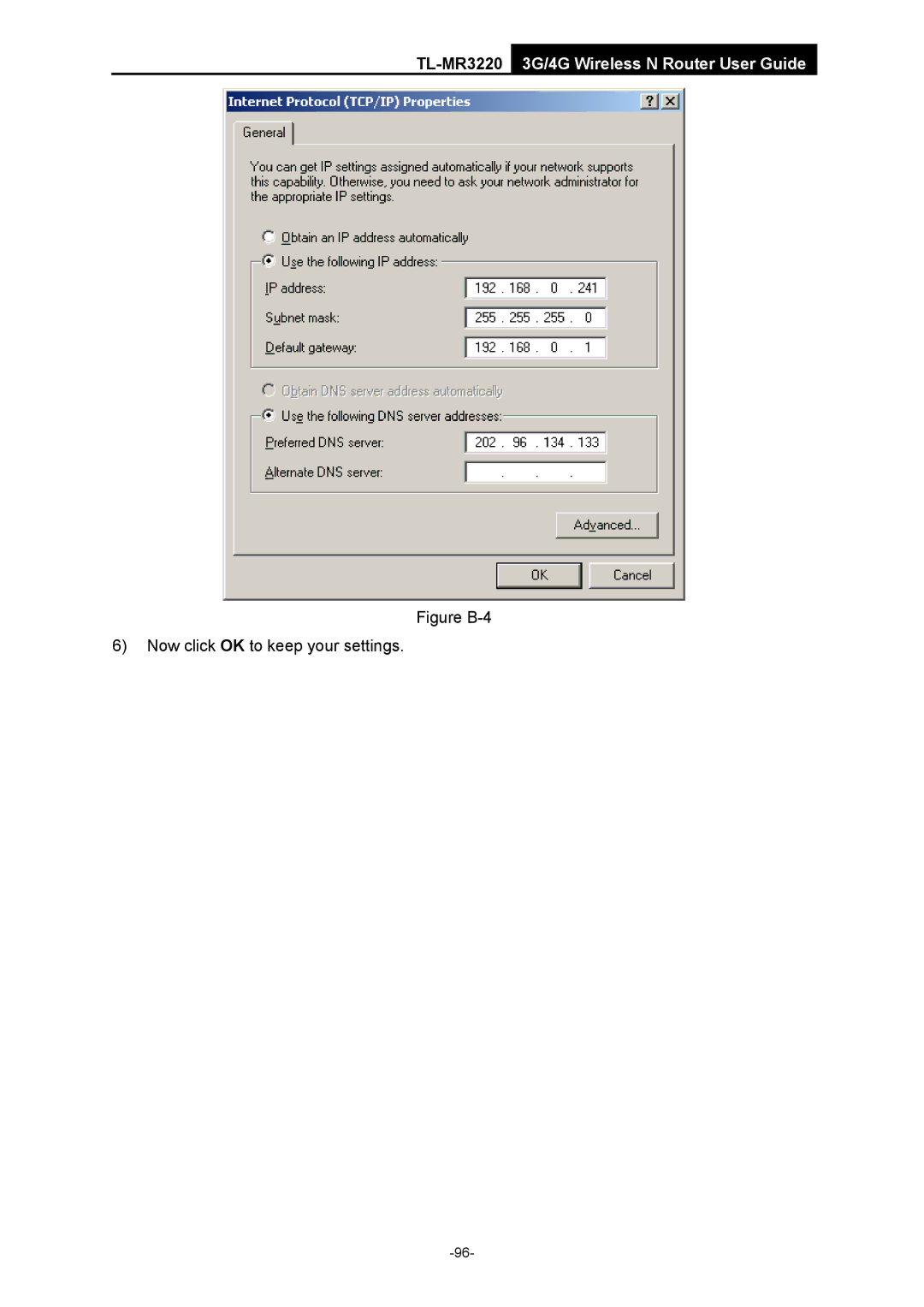 TP-Link TL-MR3220 manual Figure B-4 Now click OK to keep your settings 