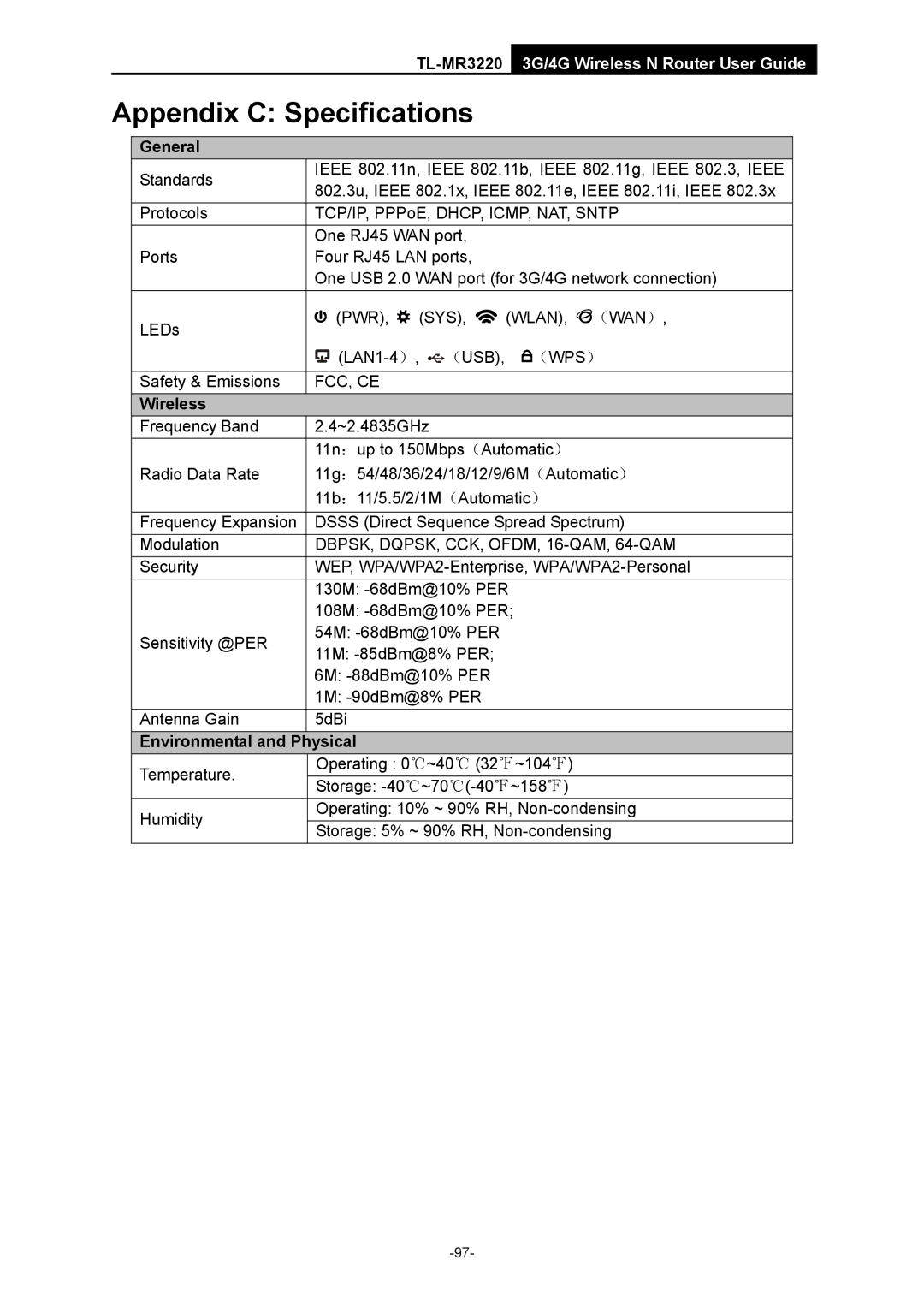 TP-Link TL-MR3220 manual Wireless, Environmental Physical 