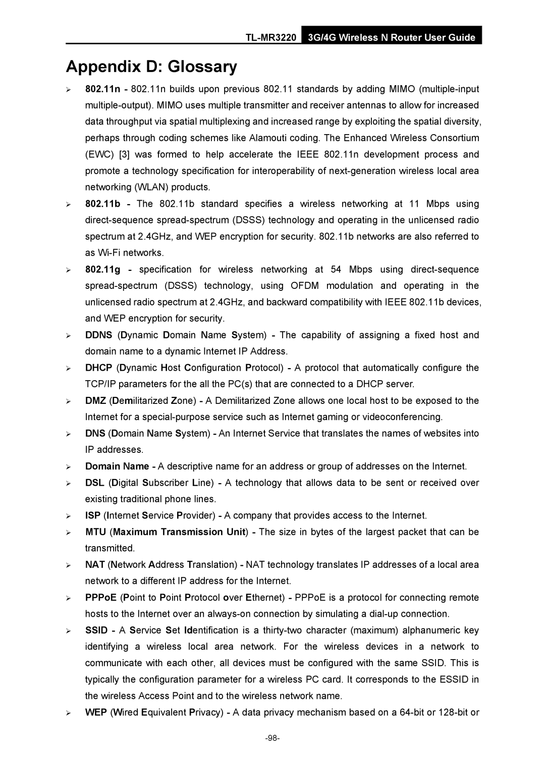 TP-Link TL-MR3220 manual Appendix D Glossary 